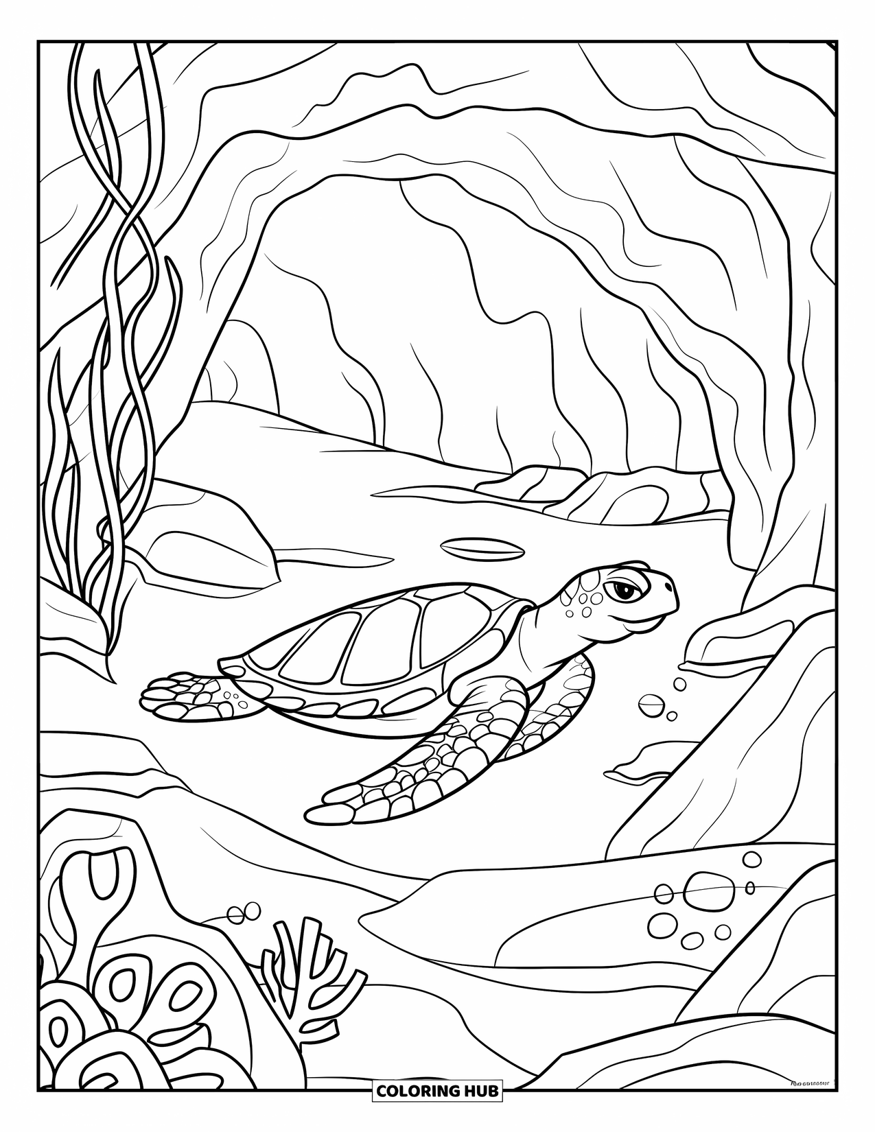Underwater Coloring Page for Kids: A sea turtle glides past rocks and tangled seaweed