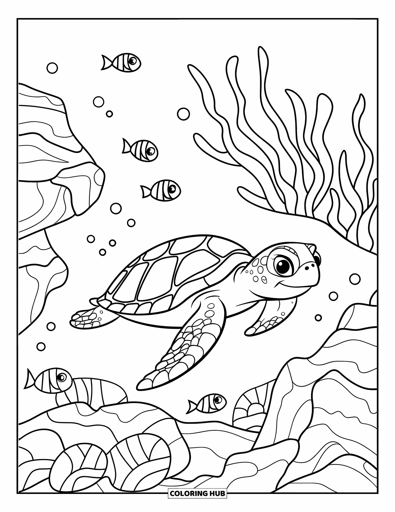 Underwater Coloring Page for Kids: A sea turtle swims peacefully past coral and seaweed