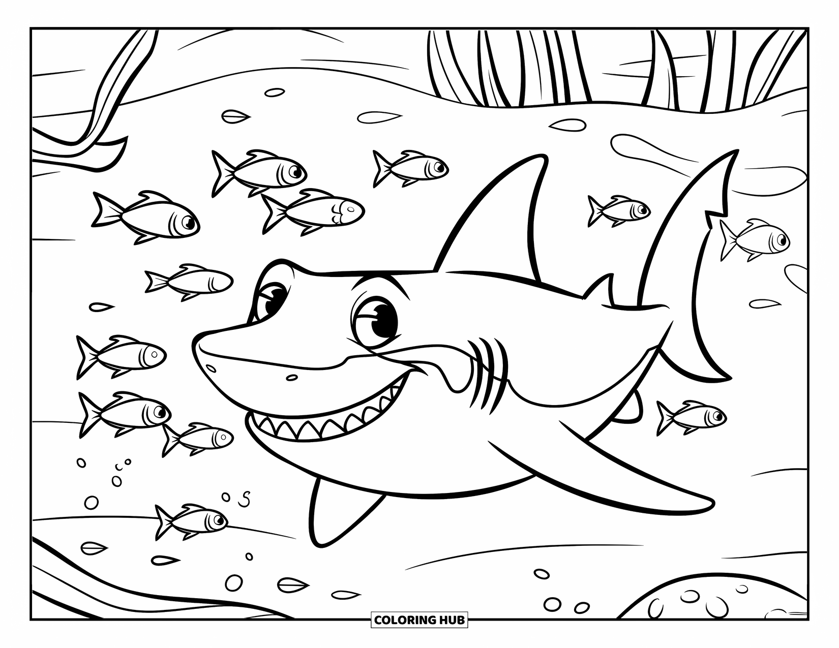 Underwater Coloring Page for Kids: A smiling shark swims with a school of tiny fish