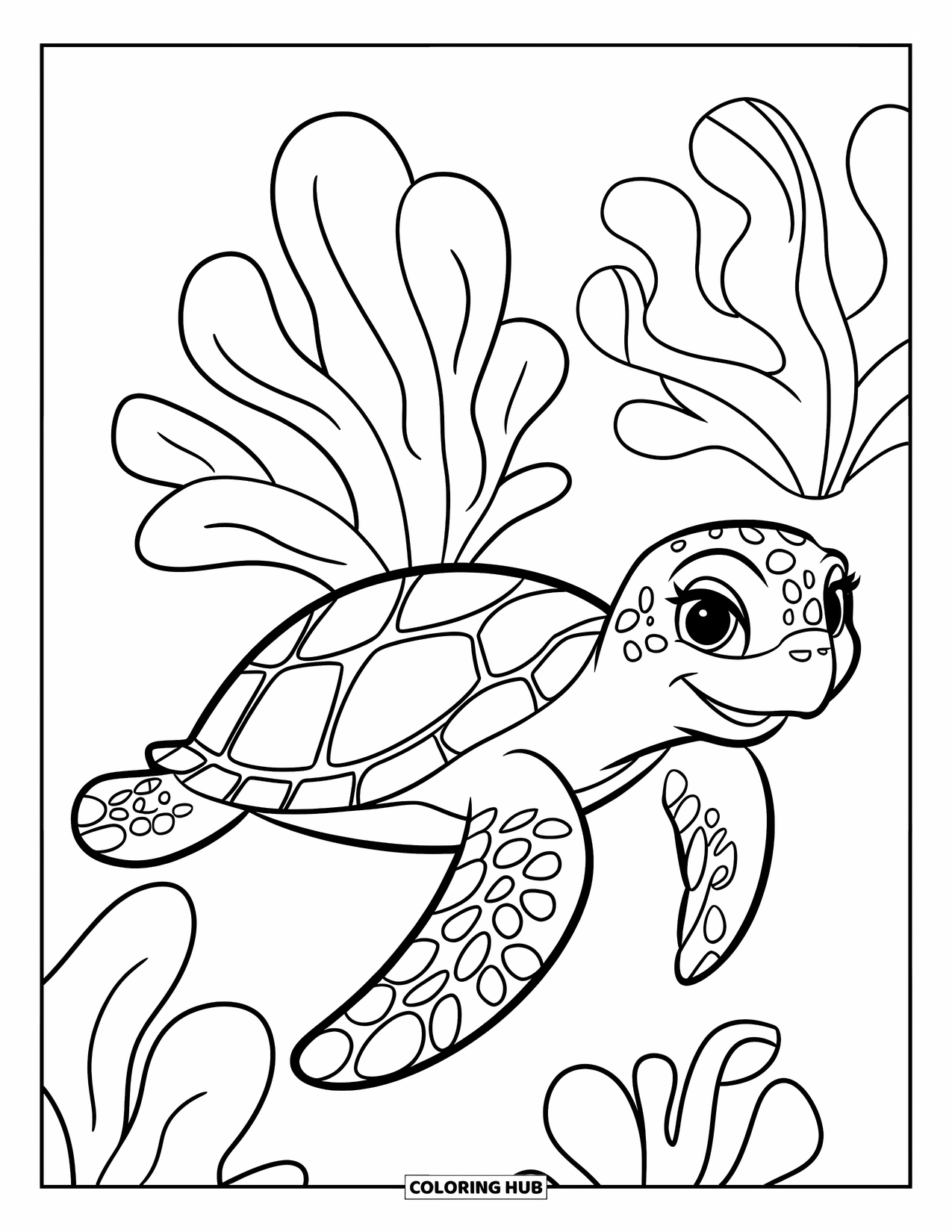 Underwater Coloring Page for Kids: A smiling turtle glides near sea leaves and small fish