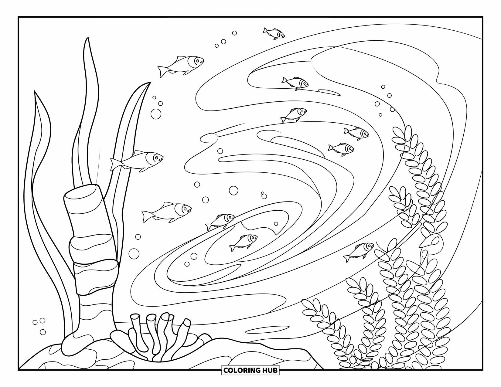 Underwater Coloring Page for Kids: A swirling ocean current spirals near coral and seaweed