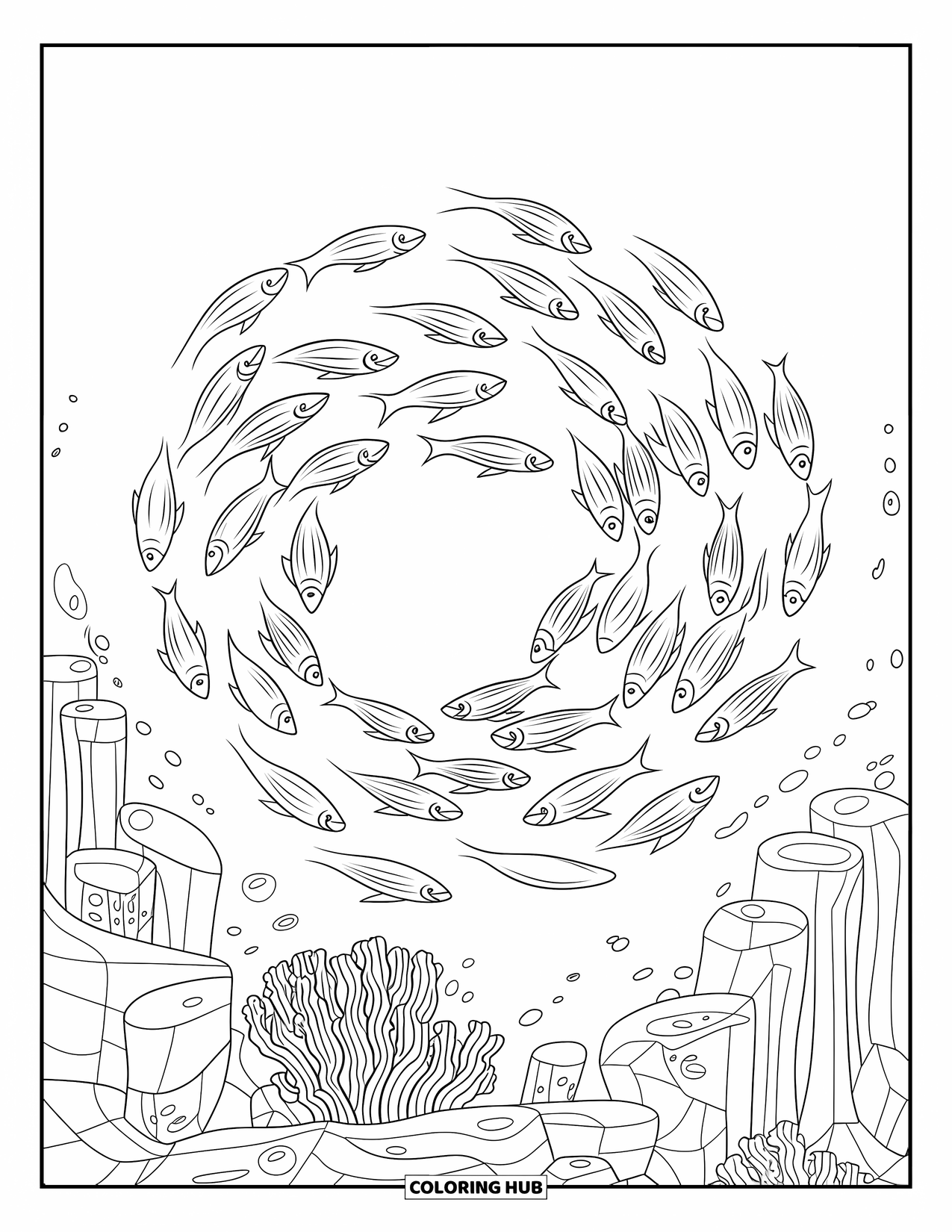 Underwater Coloring Page for Kids: A swirling school of fish moves above coral reefs