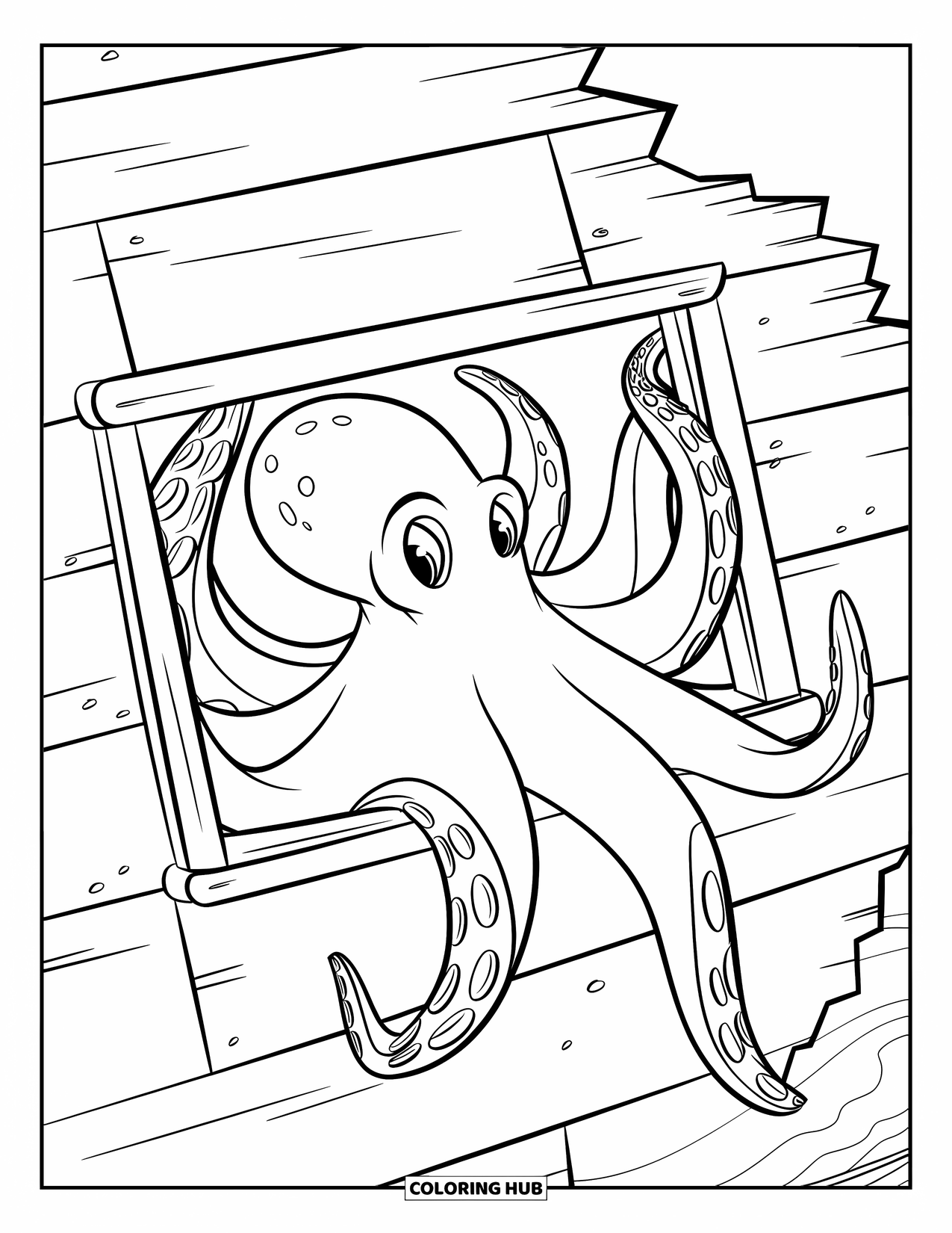 Underwater Coloring Page for Kids: An octopus stretches through a wrecked ship's window underwater
