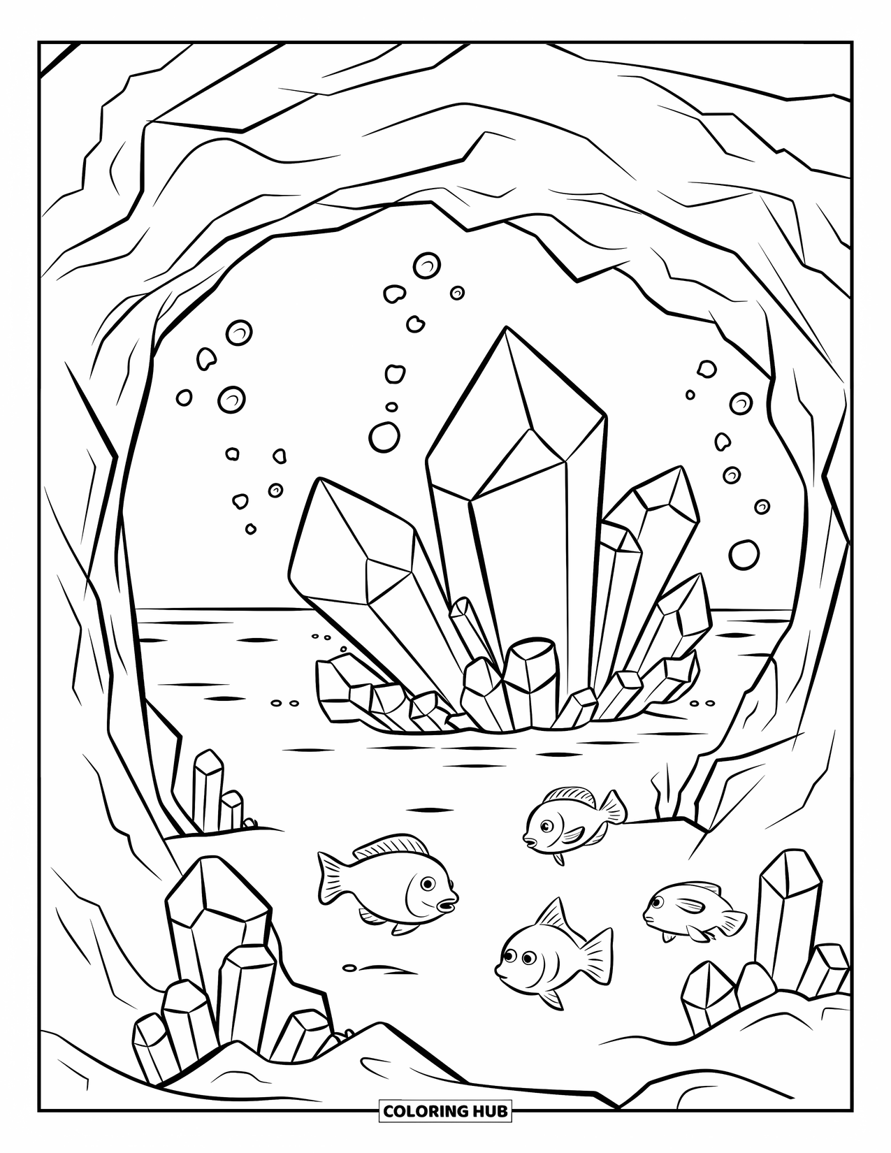 Underwater Coloring Page for Kids: Crystals glow inside an underwater cave with swimming fish