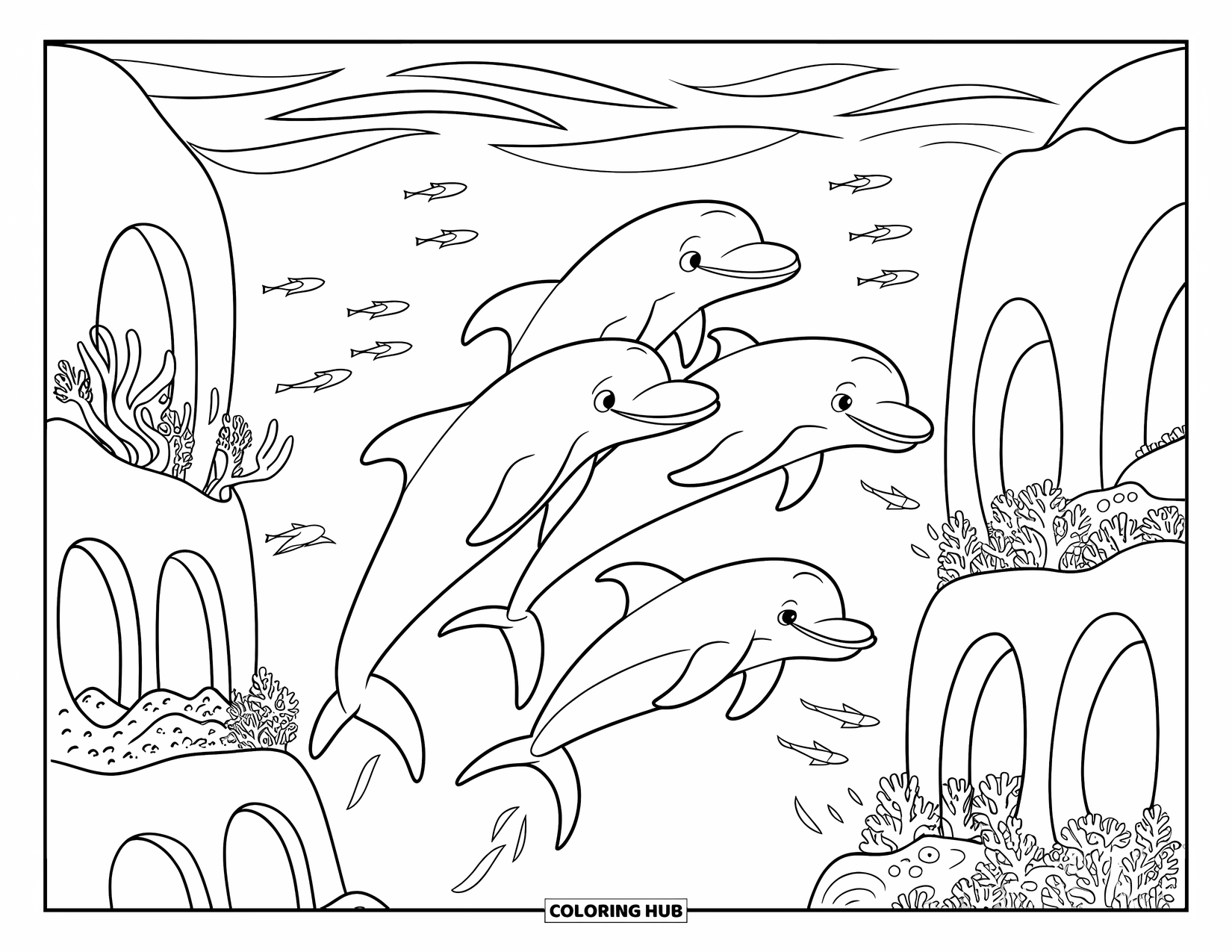 Underwater Coloring Page for Kids: Dolphins leap together near coral reef arches and fish trails