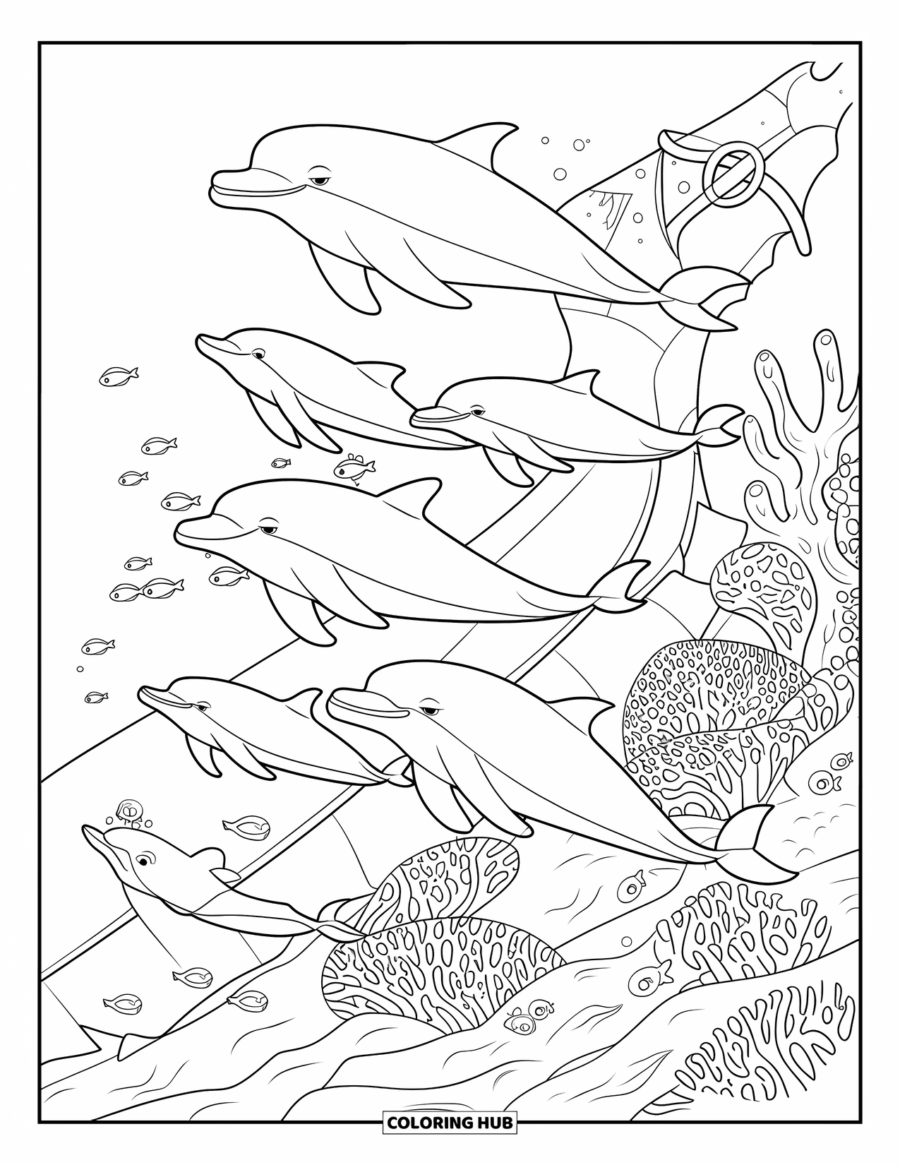 Underwater Coloring Page for Kids: Dolphins play near coral reefs and a sunken shipwreck