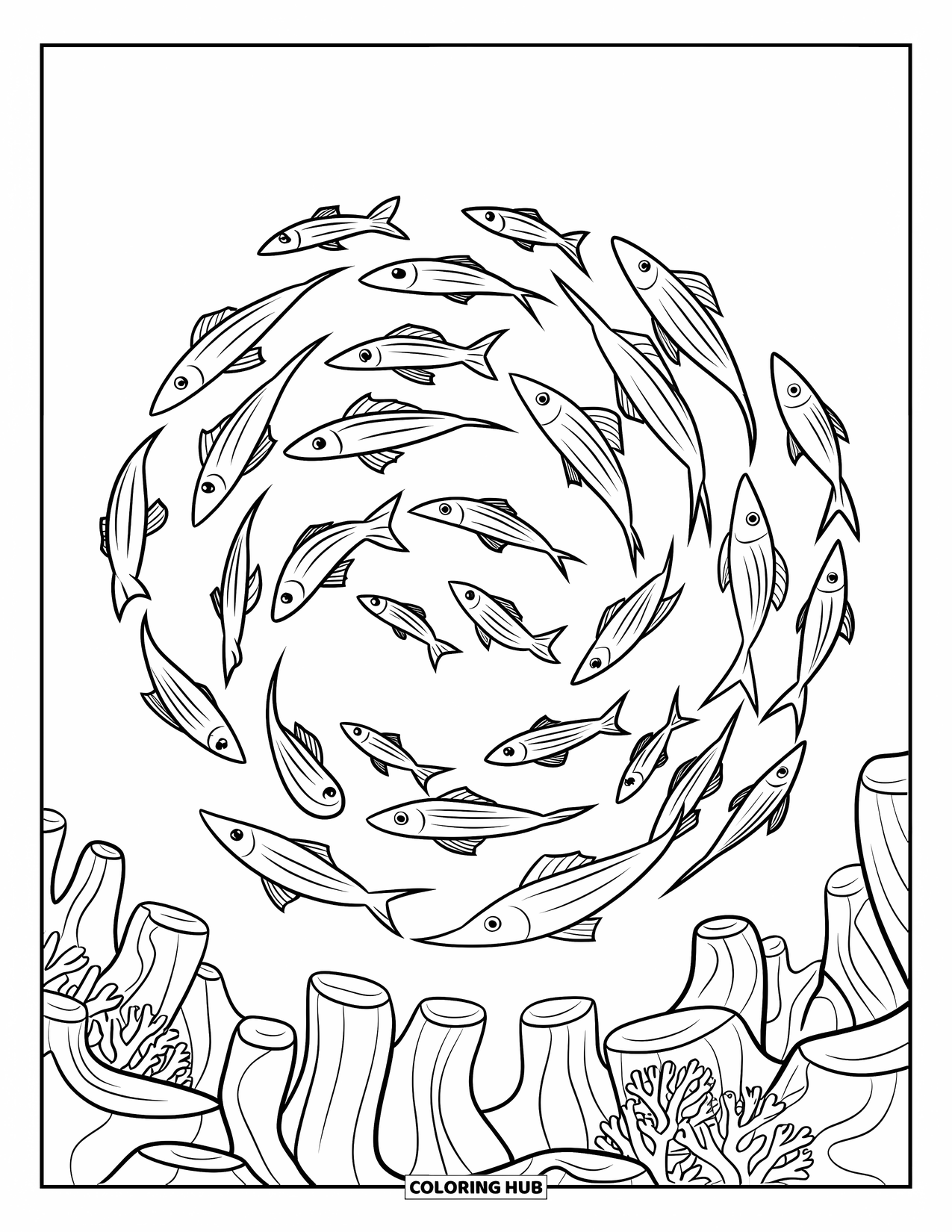 Underwater Coloring Page for Kids: Fish swim in circles above coral reefs and sea rocks