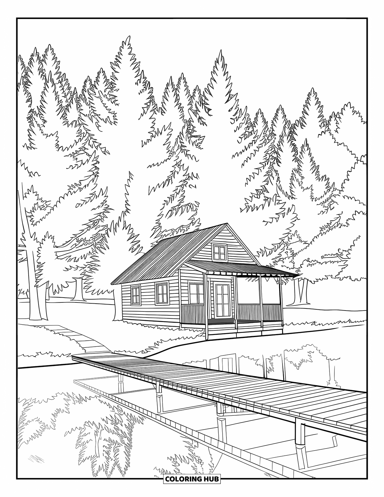 Vacation Coloring Page for Adults: A cabin beside a dock and forest path surrounded by peaceful pine trees