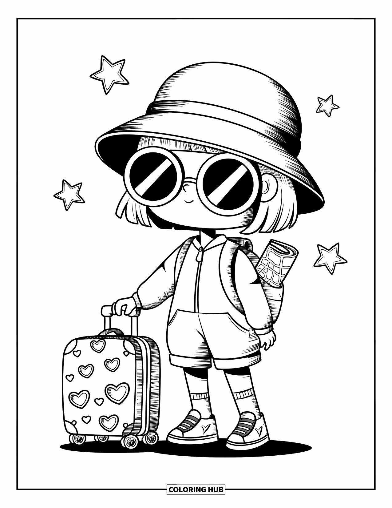 Vacation Coloring Page for Adults: A chibi girl with a bucket hat stands beside her suitcase covered in heart stickers