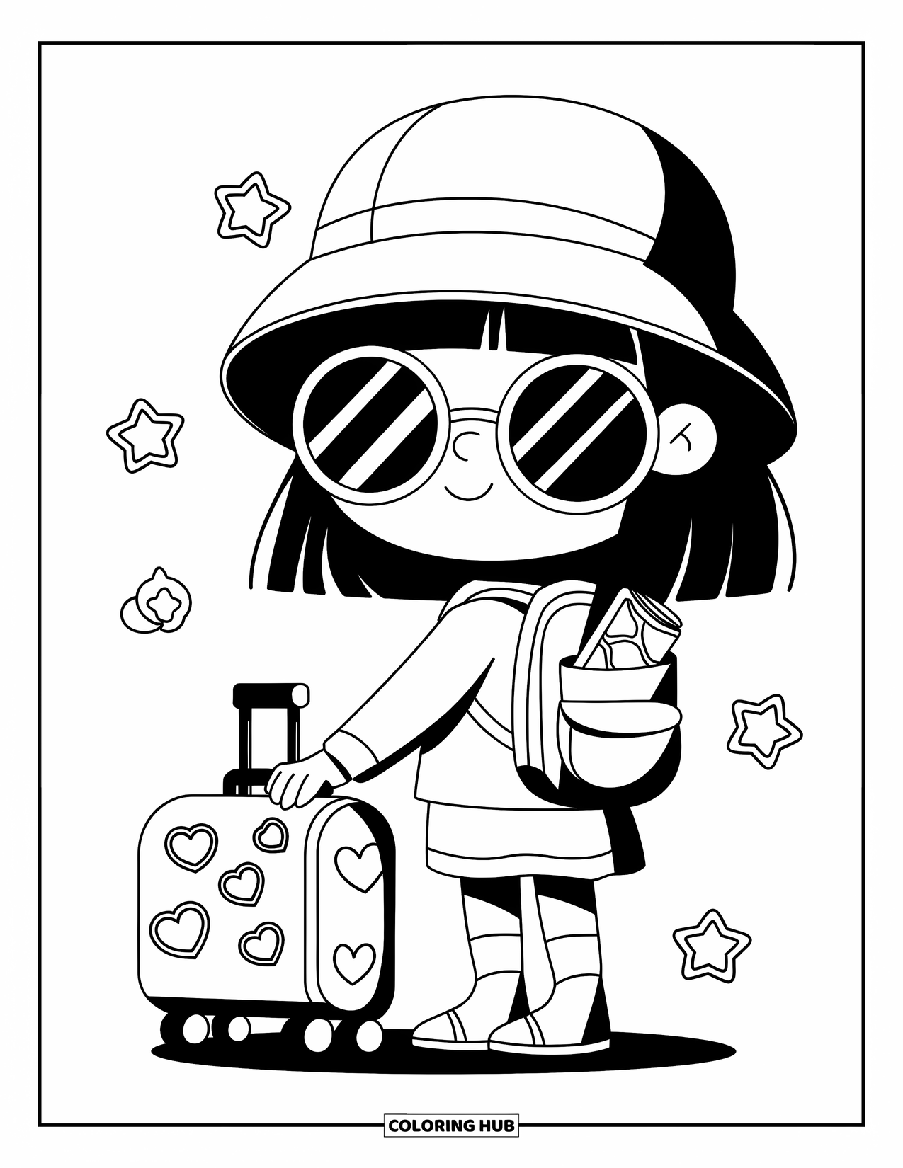 Vacation Coloring Page for Adults: A chibi girl with sunglasses stands beside her suitcase covered in stickers