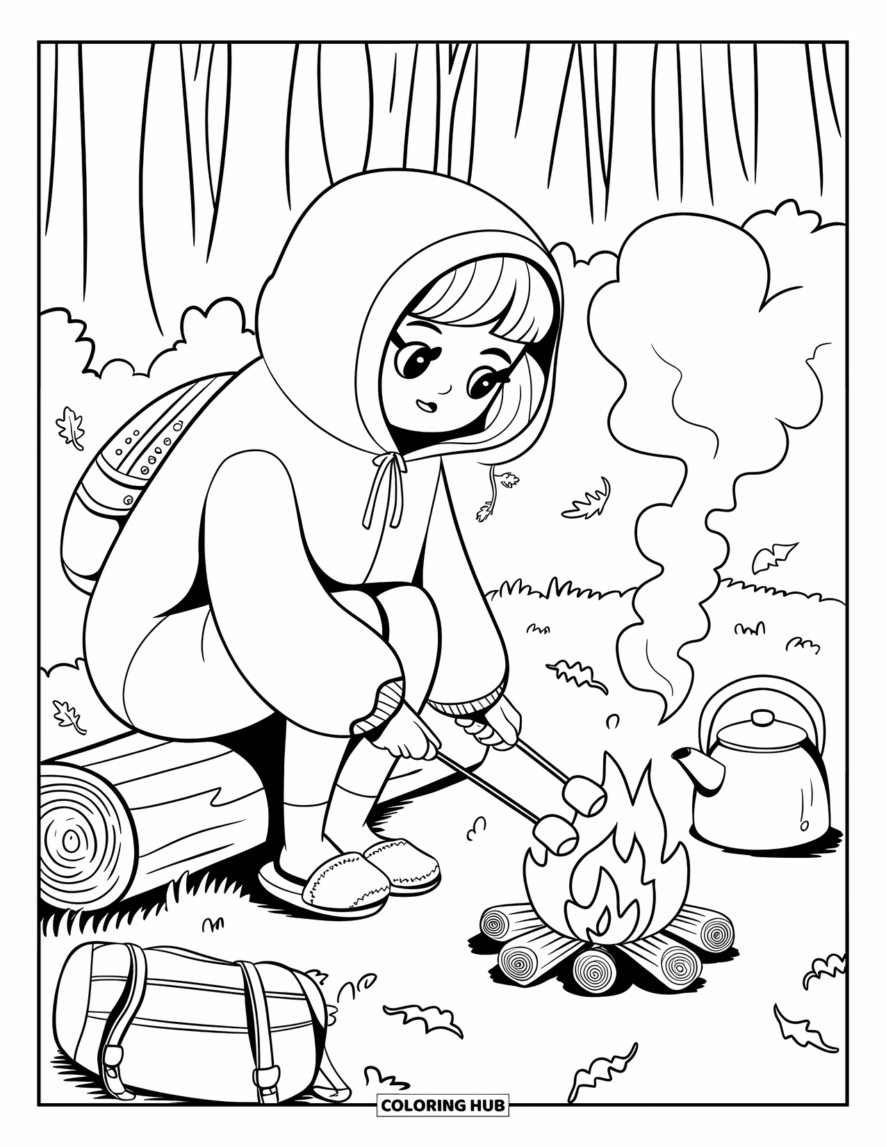 Vacation Coloring Page for Adults: A cozy girl roasts marshmallows by a tiny campfire with her kettle nearby