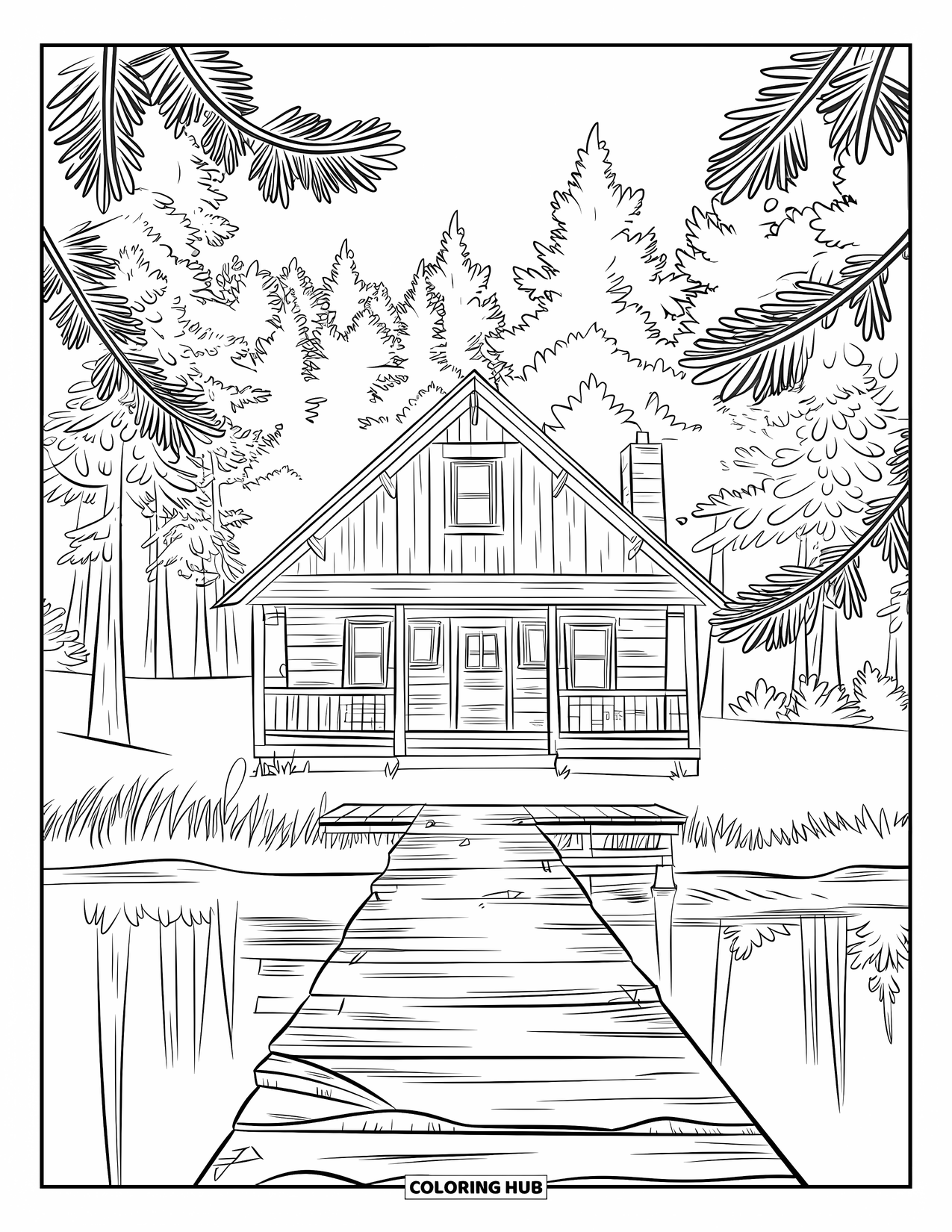 Vacation Coloring Page for Adults: A cozy lakeside cabin reflected in still water, framed by tall pines