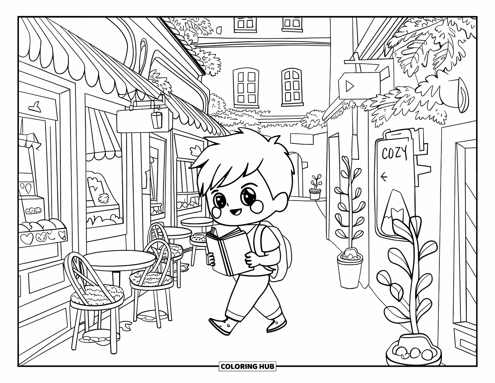 Vacation Coloring Page for Adults: A cute boy strolls through a narrow alley holding a travel guide