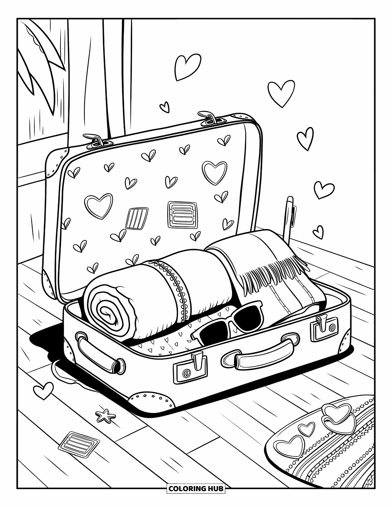 Vacation Coloring Page for Adults: A doodle-style suitcase open on the floor filled with travel items and stickers