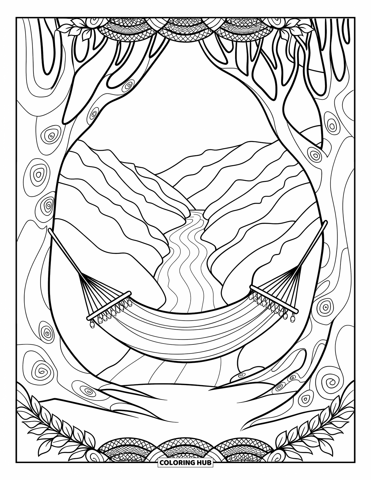 Vacation Coloring Page for Adults: A hammock scene framed by patterned trees and rolling river hills