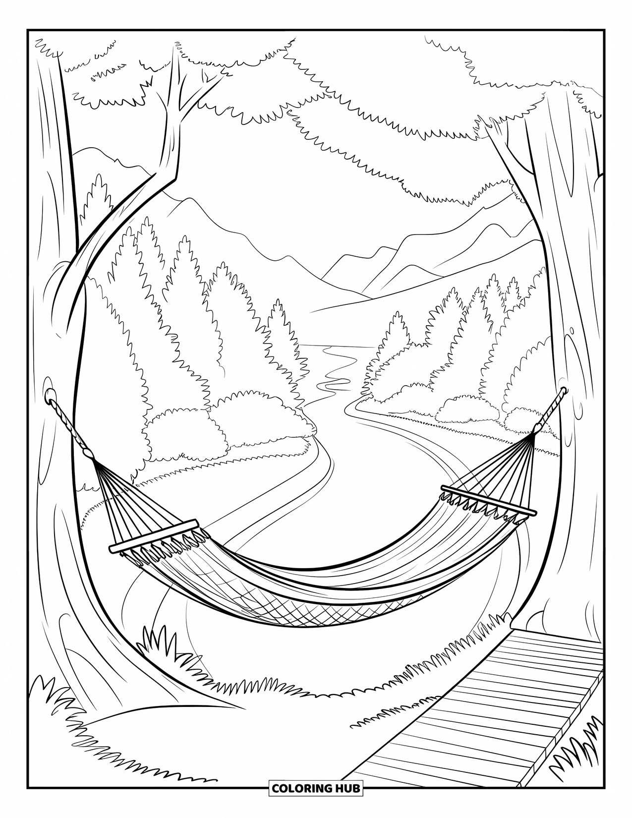 Vacation Coloring Page for Adults: A hammock sways between trees above a winding river and distant mountains