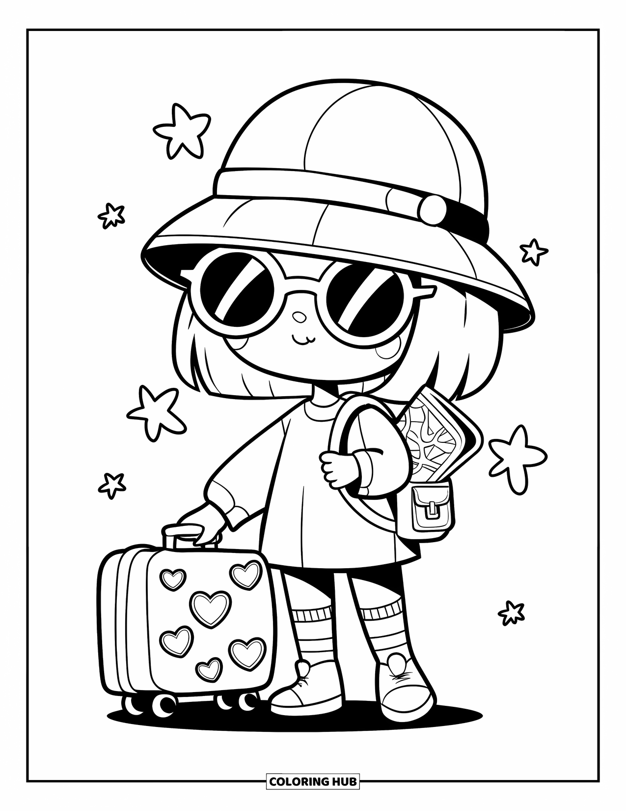 Vacation Coloring Page for Adults: A kawaii girl with sunglasses and a hat poses with her tiny suitcase and map