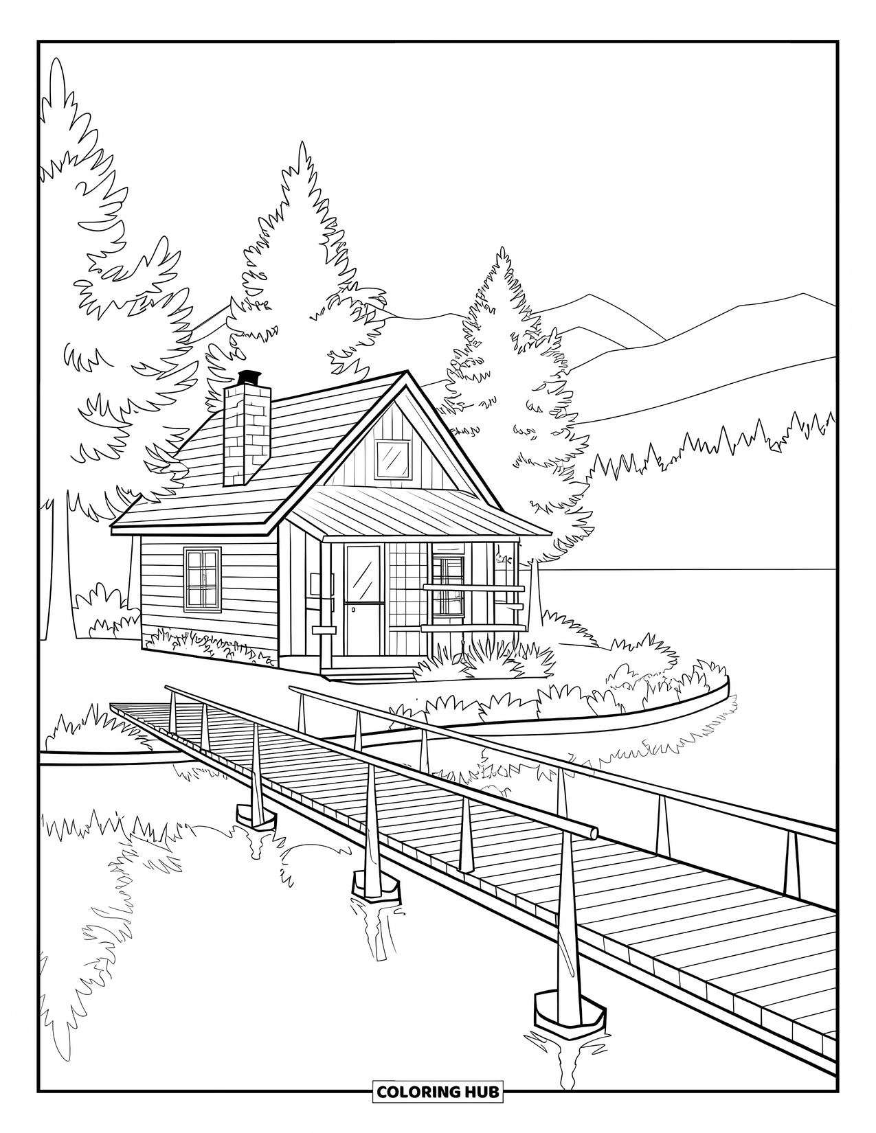 Vacation Coloring Page for Adults: A lakeside cabin with a dock surrounded by pine trees and mountains