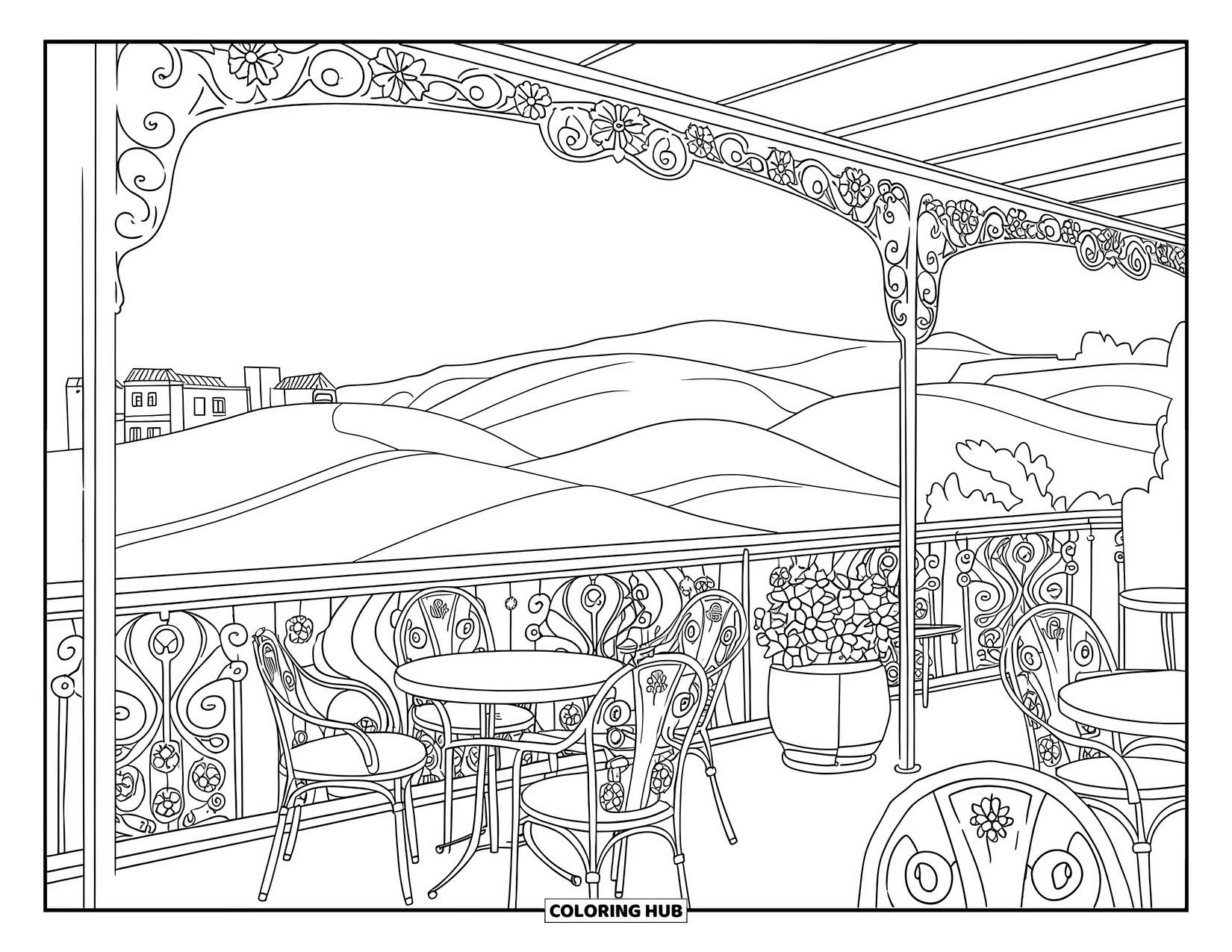 Vacation Coloring Page for Adults: A rooftop café with plants and wrought iron furniture offers a scenic city view