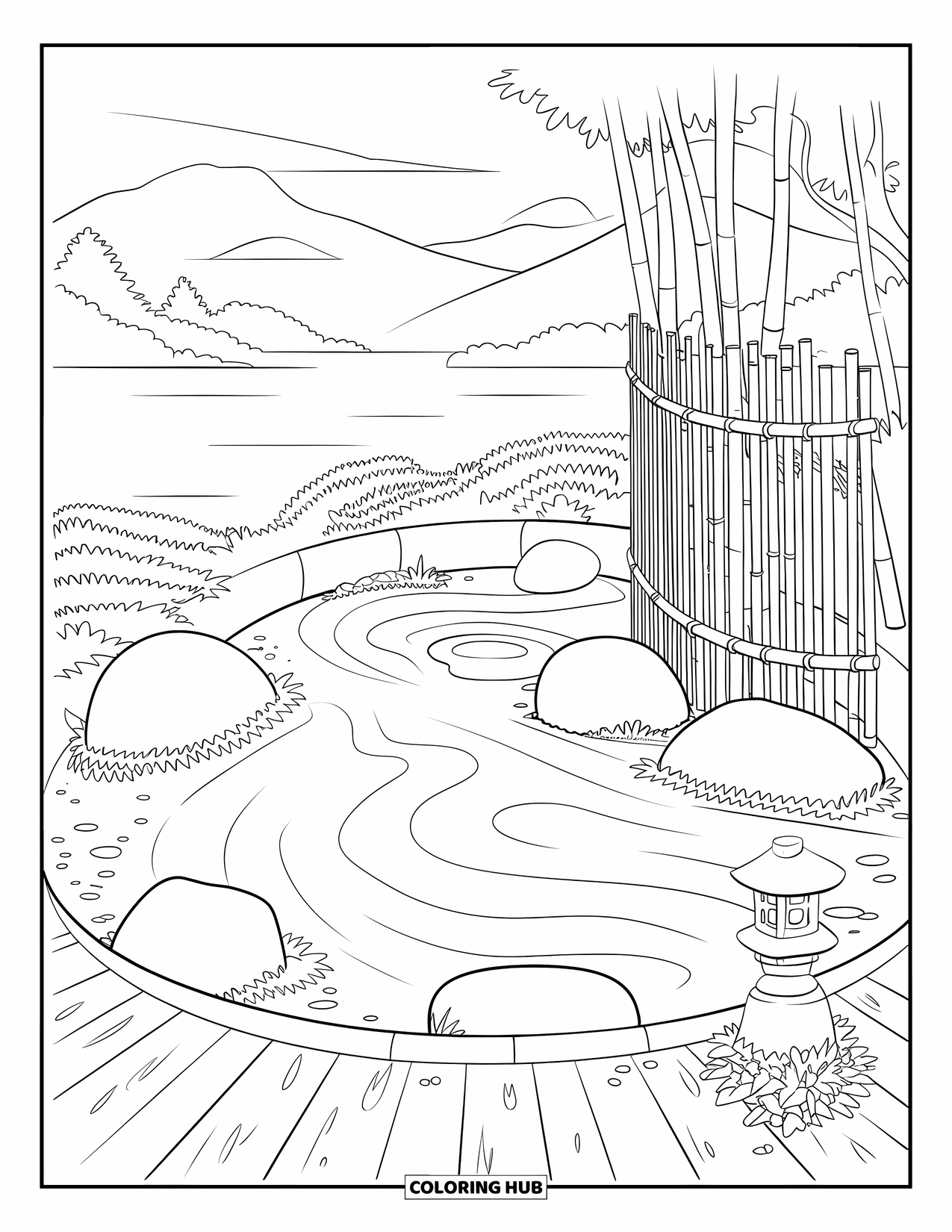 Vacation Coloring Page for Adults: A serene island garden with raked sand, stones, and bamboo fences