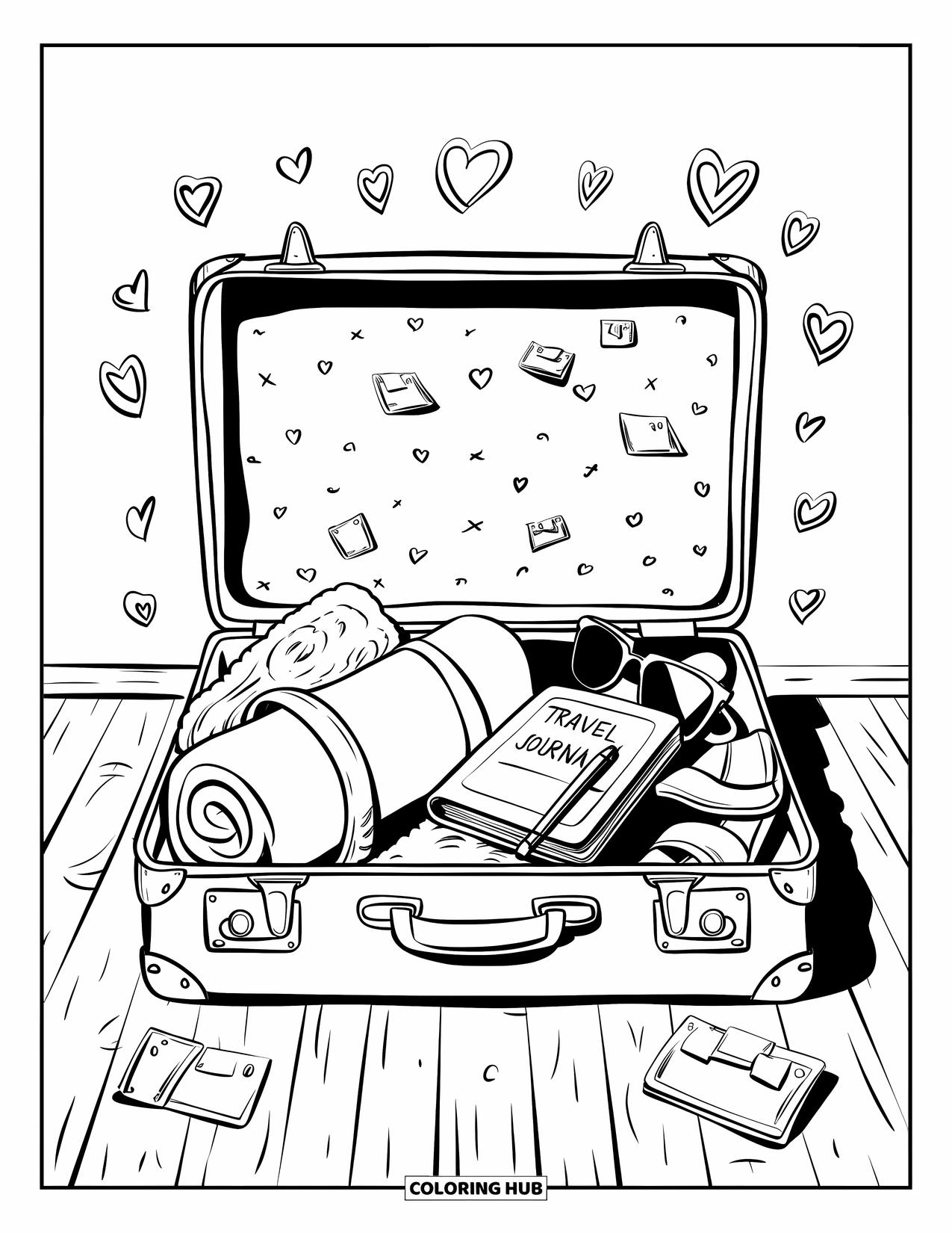 Vacation Coloring Page for Adults: A suitcase filled with sandals, a towel, and a journal lies open on the floor