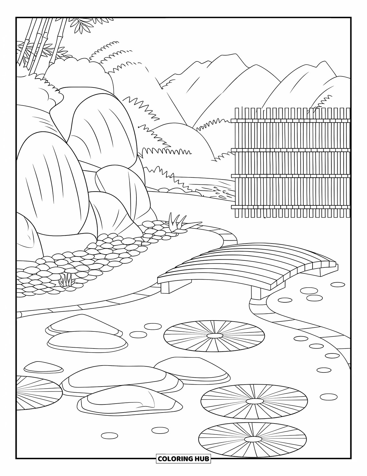 Vacation Coloring Page for Adults: A tranquil garden with a pond, lotus flowers, and a small bamboo fence