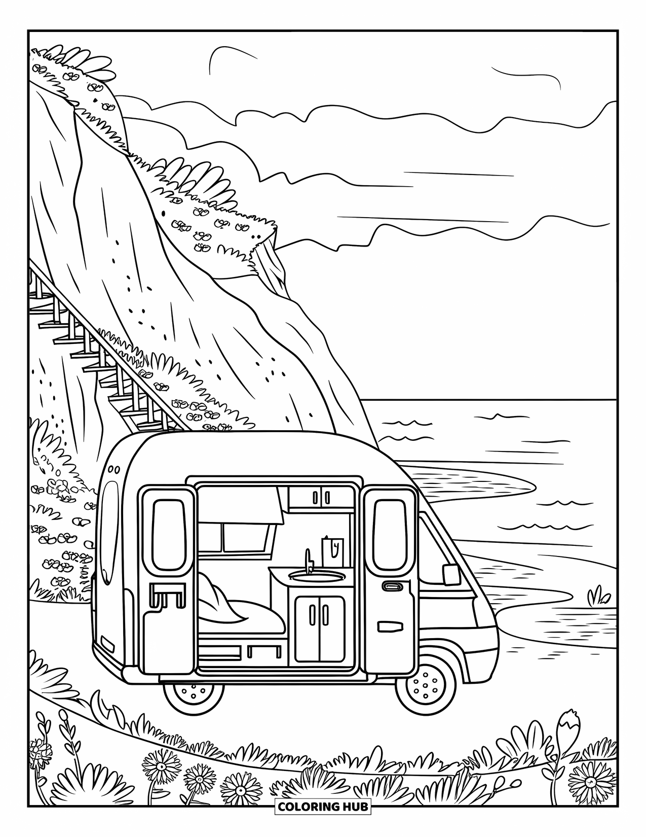 Vacation Coloring Page for Adults: A travel van by the sea holds a cozy bed and wildflowers outside