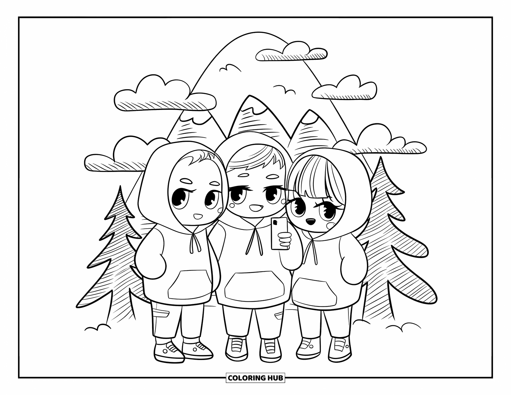 Vacation Coloring Page for Adults: Three chibi friends take a selfie with doodle-style mountains behind them