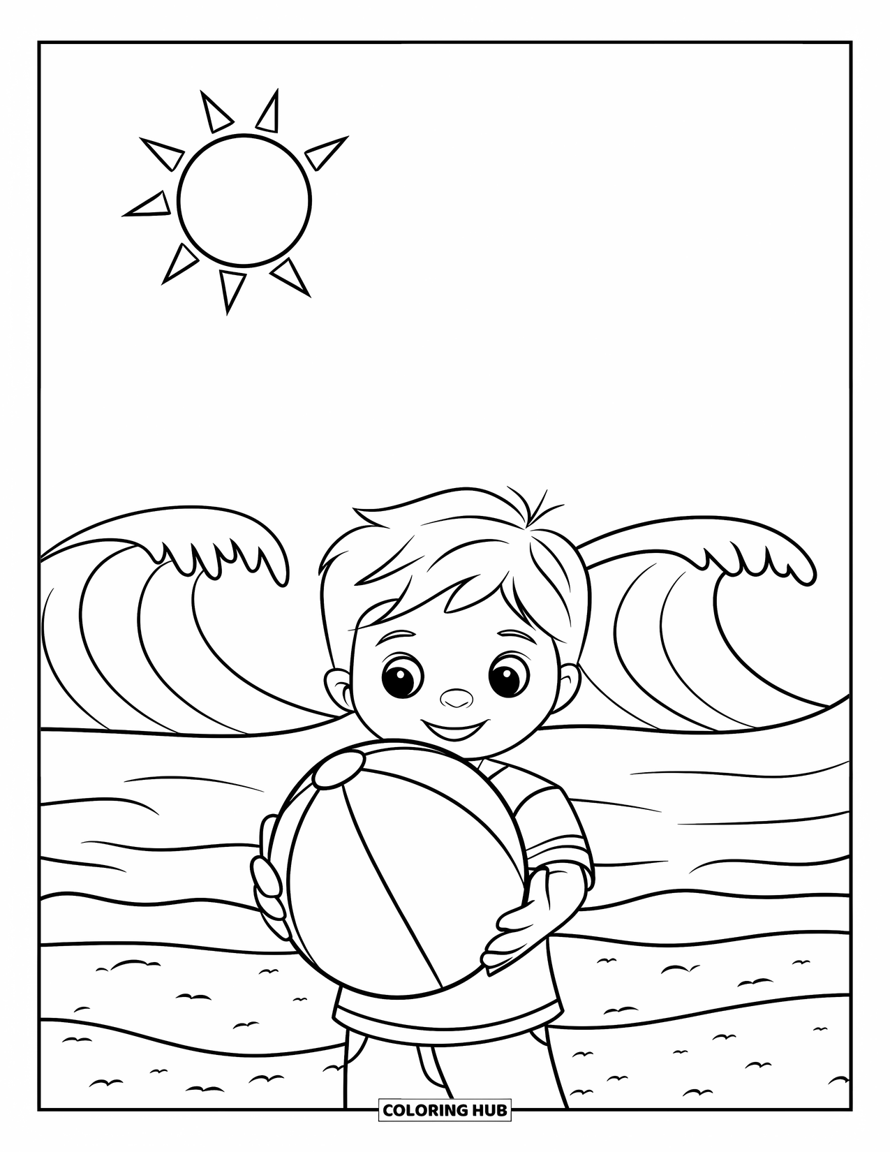 Vacation Coloring Page for Kids: A cheerful child holds a beach ball on a sunny beach
