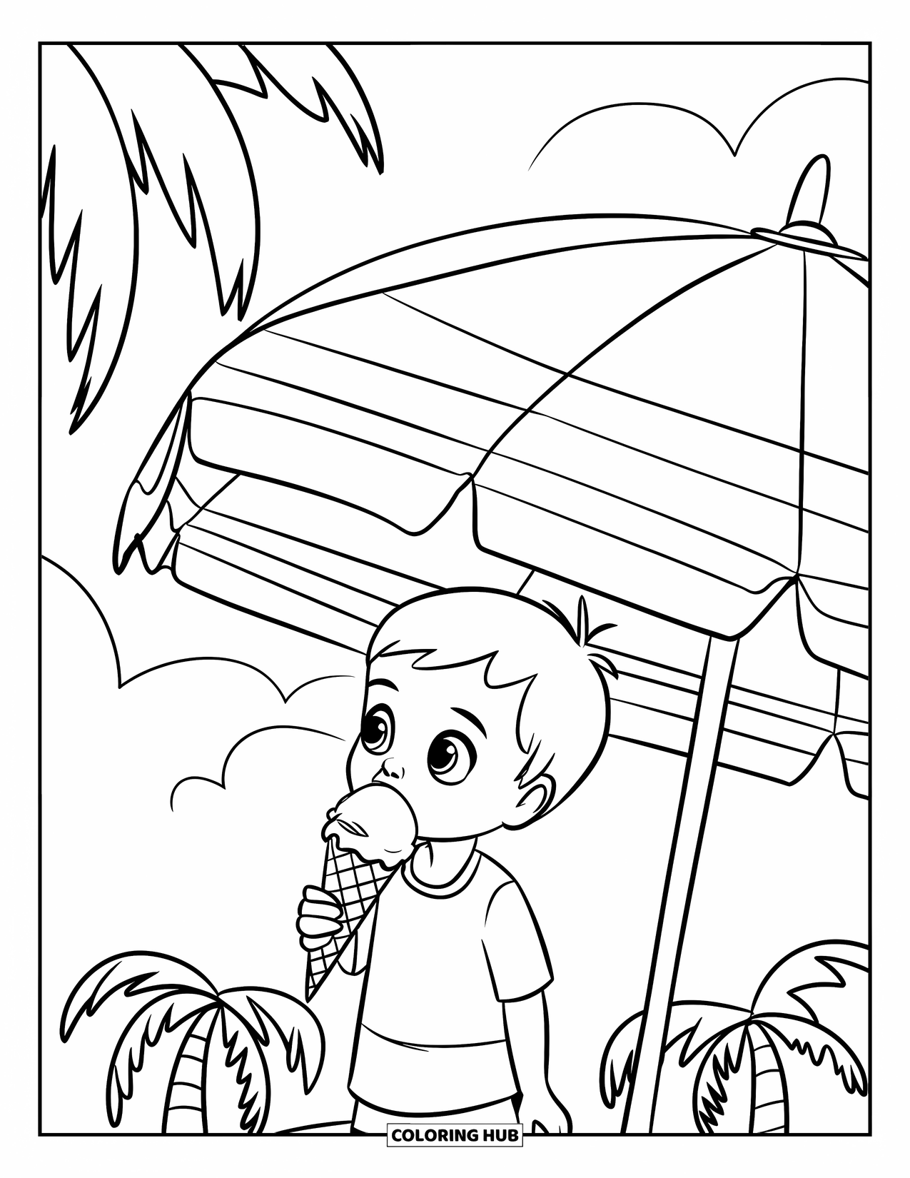 Vacation Coloring Page for Kids: A child enjoys an ice cream under a striped beach umbrella