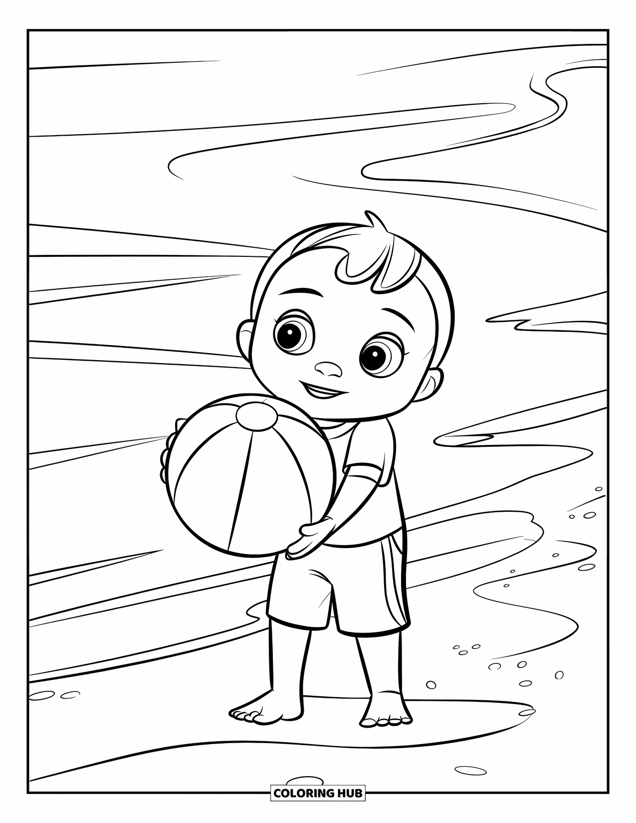 Vacation Coloring Page for Kids: A child holds a beach ball near gentle ocean waves