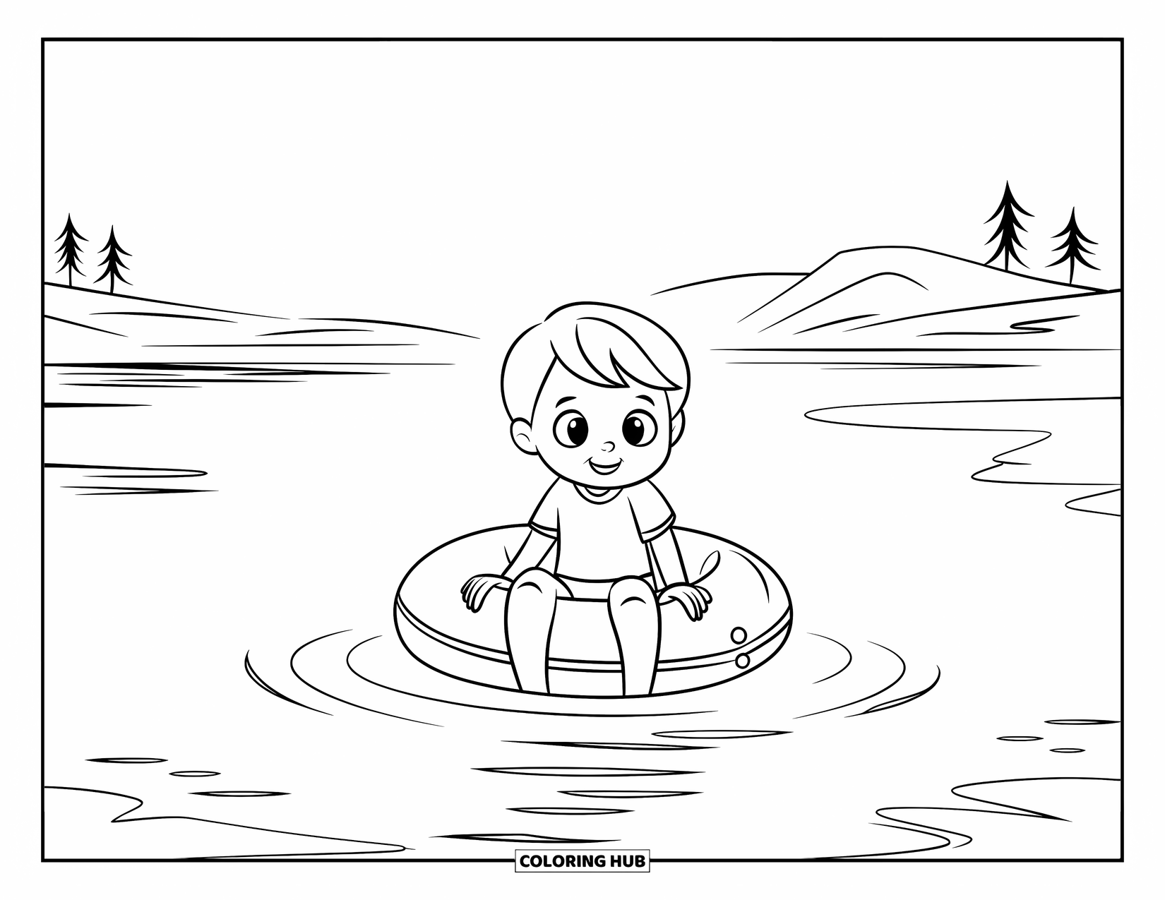 Vacation Coloring Page for Kids: A child relaxes in a float ring surrounded by trees and mountains