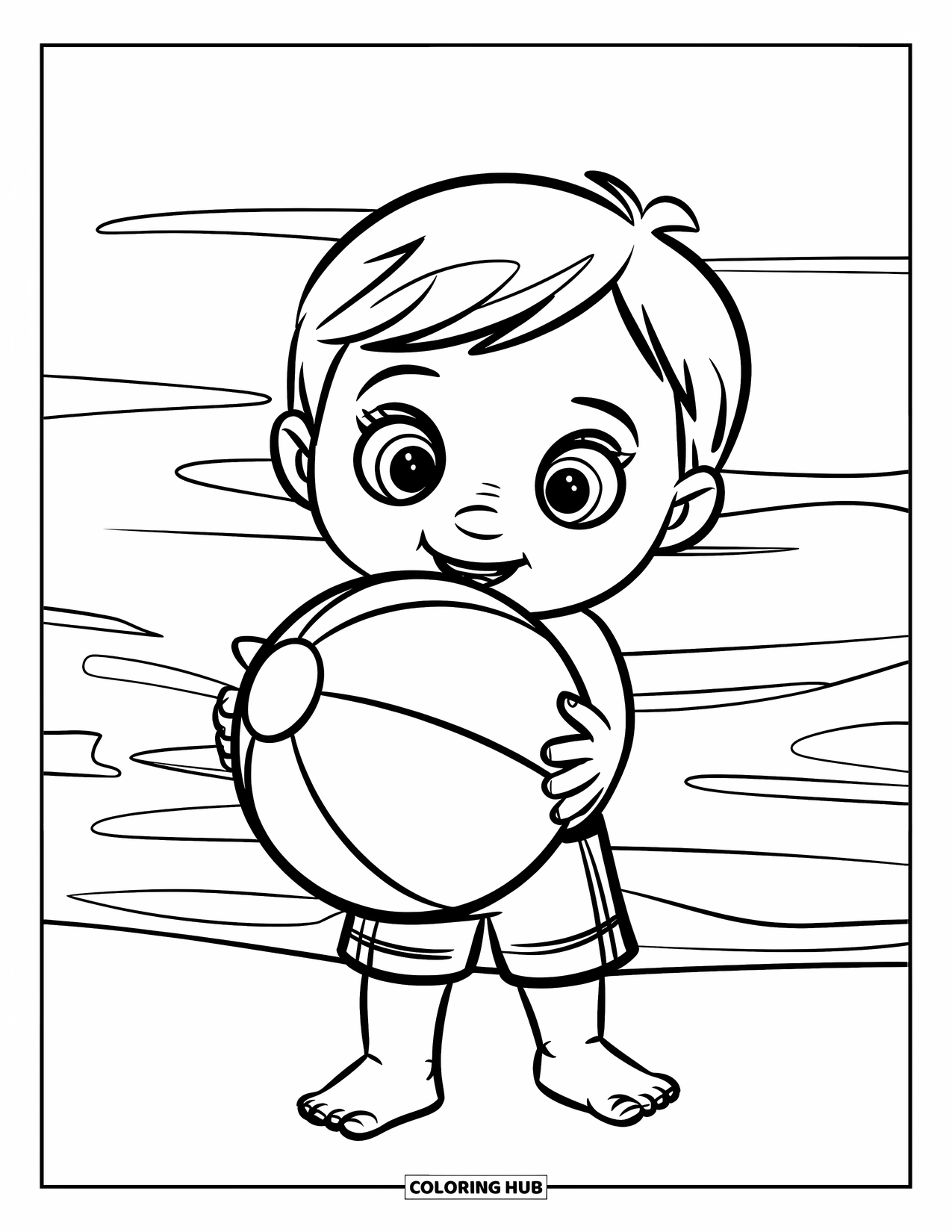 Vacation Coloring Page for Kids: A child stands with a beach ball beside rolling waves