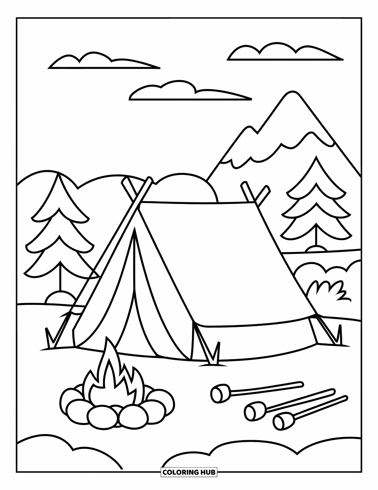 Vacation Coloring Page for Kids: A cozy tent sits by a campfire with marshmallows and mountain views