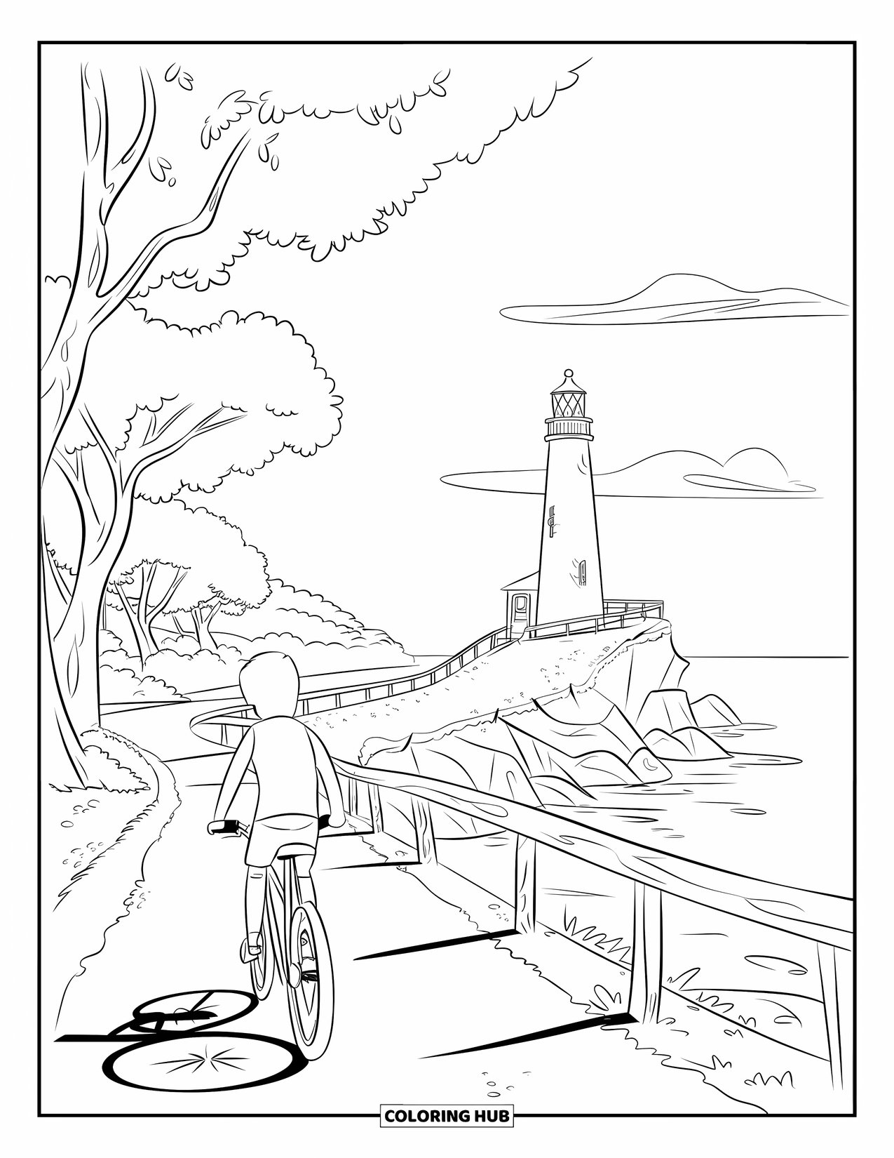 Vacation Coloring Page for Kids: A path lined with trees leads to a lighthouse by the shore