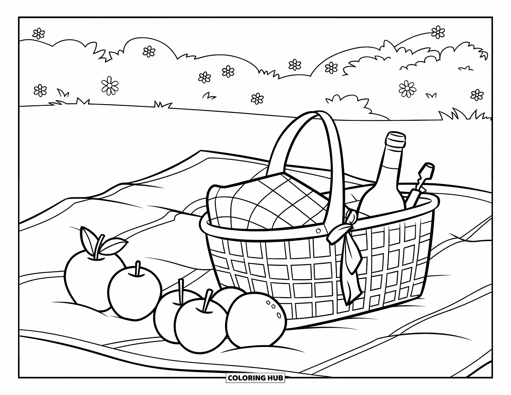 Vacation Coloring Page for Kids: A picnic blanket holds fruit, bread, and a bottle among flowers