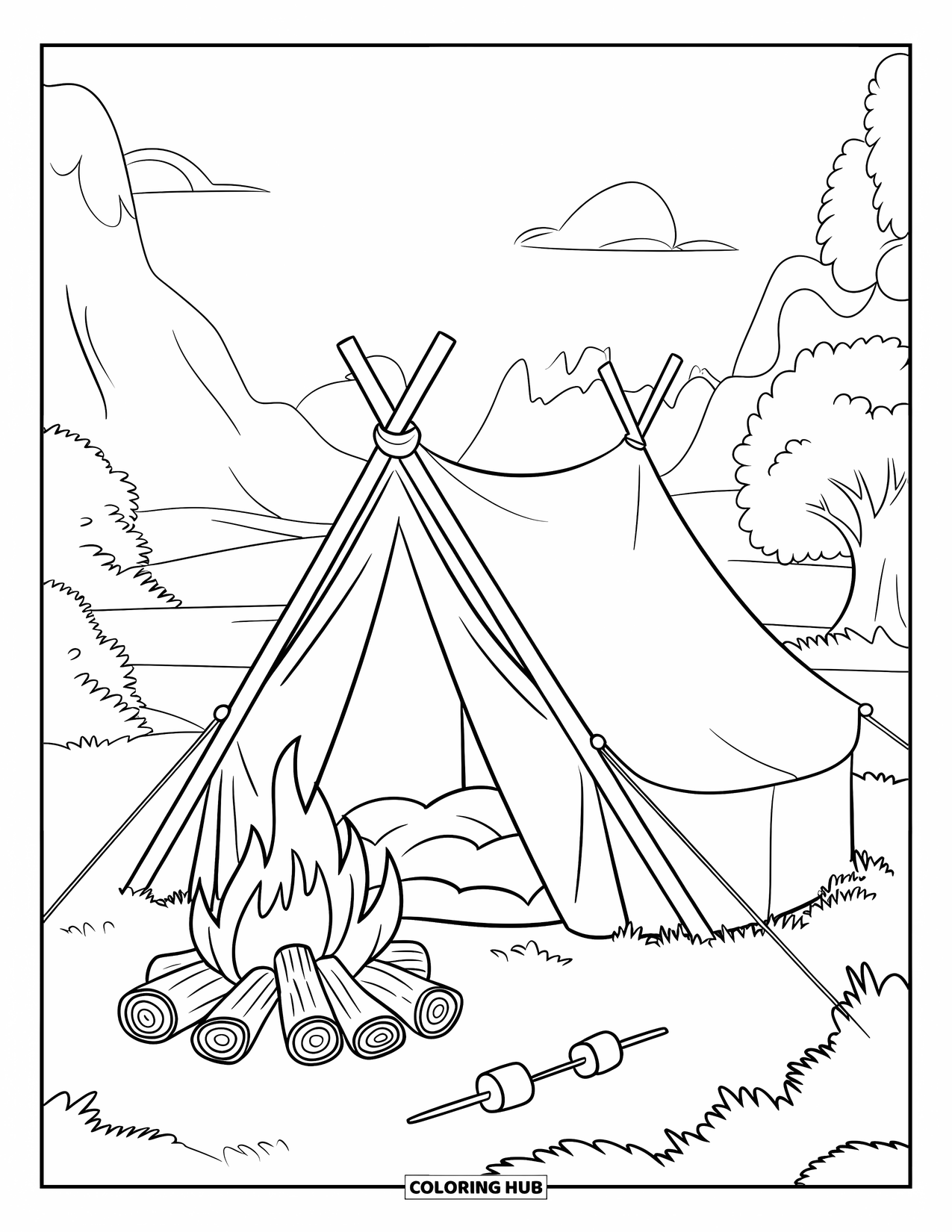 Vacation Coloring Page for Kids: A round tent stands beside a campfire with marshmallows roasting