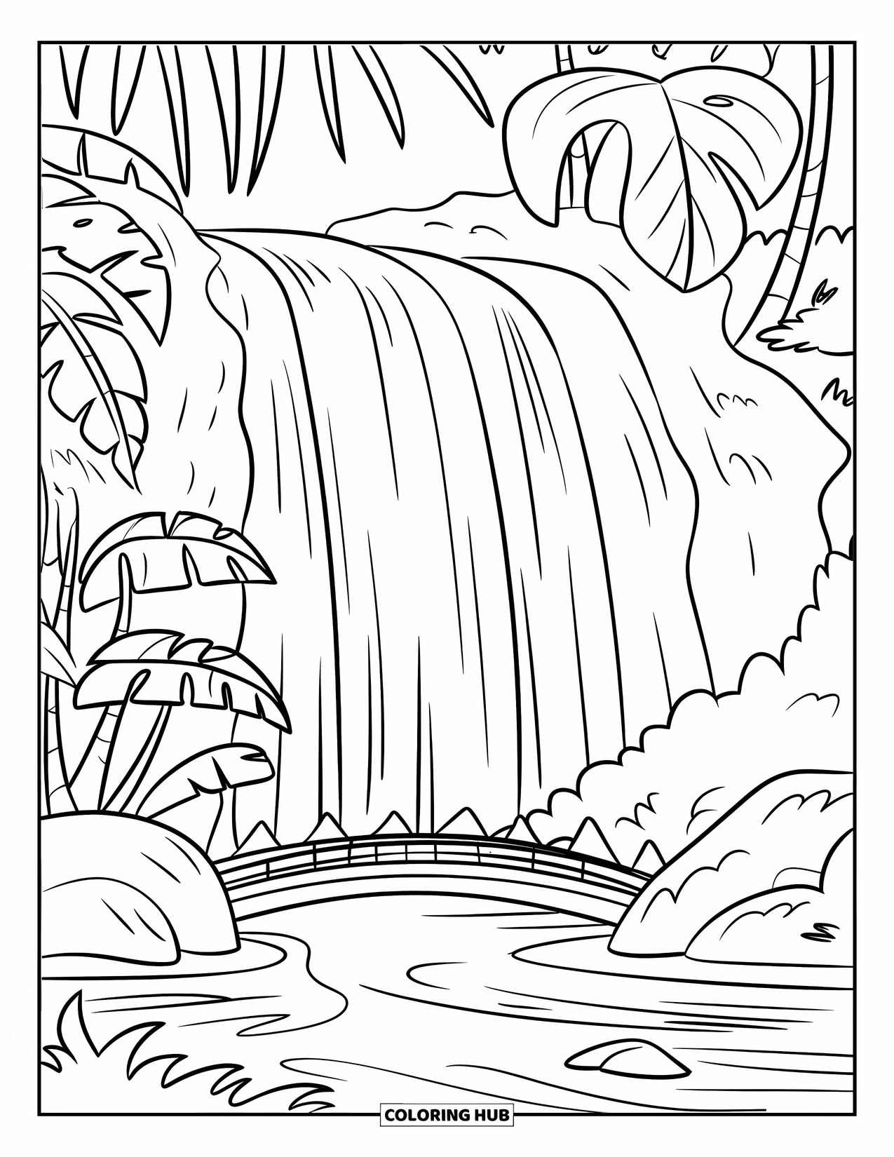 Vacation Coloring Page for Kids: A small bridge spans a rocky waterfall framed by tropical leaves