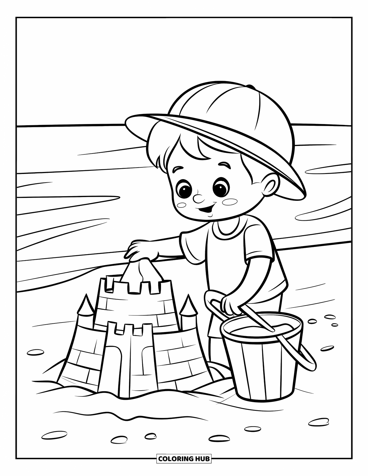 Vacation Coloring Page for Kids: A smiling child builds a sandcastle on the beach under a bright sky