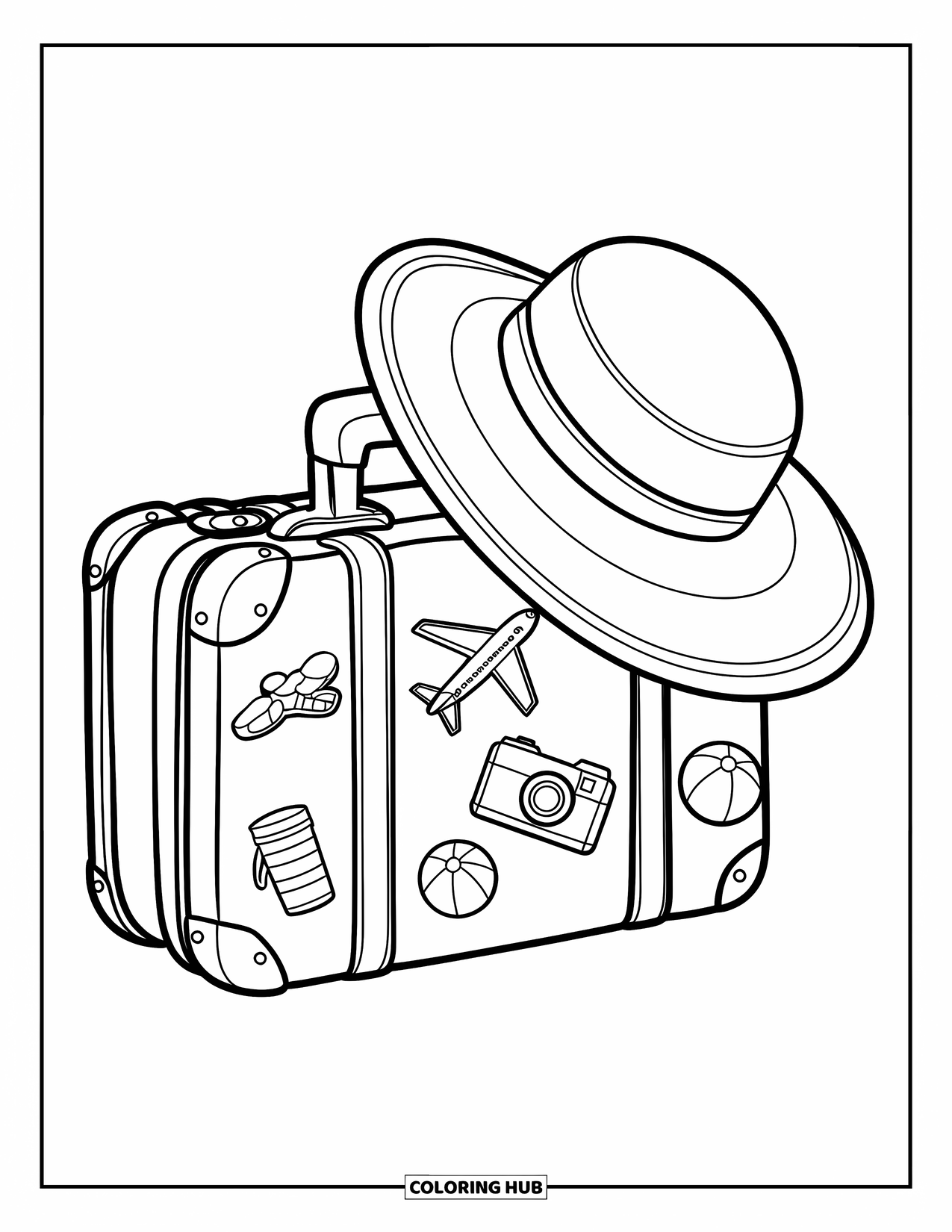 Vacation Coloring Page for Kids: A suitcase covered in travel stickers sits beneath a wide-brimmed sun hat