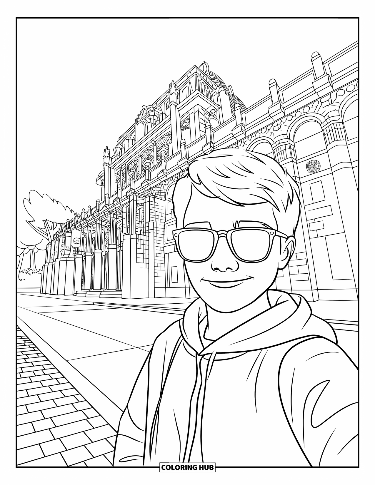 Vacation Coloring Page for Kids: A teen takes a selfie in front of a grand city landmark
