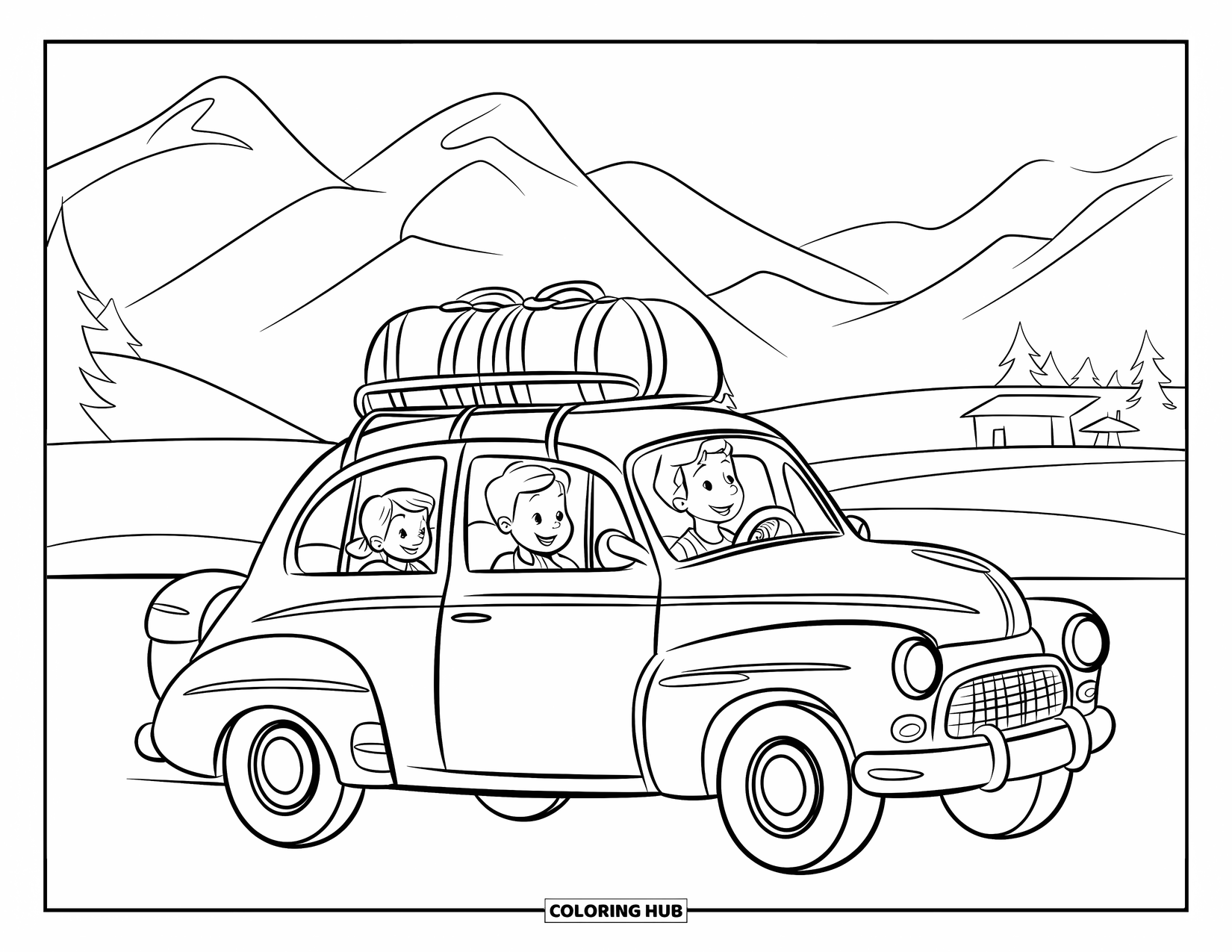 Vacation Coloring Page for Kids: A vintage car carries a family and luggage toward the mountains