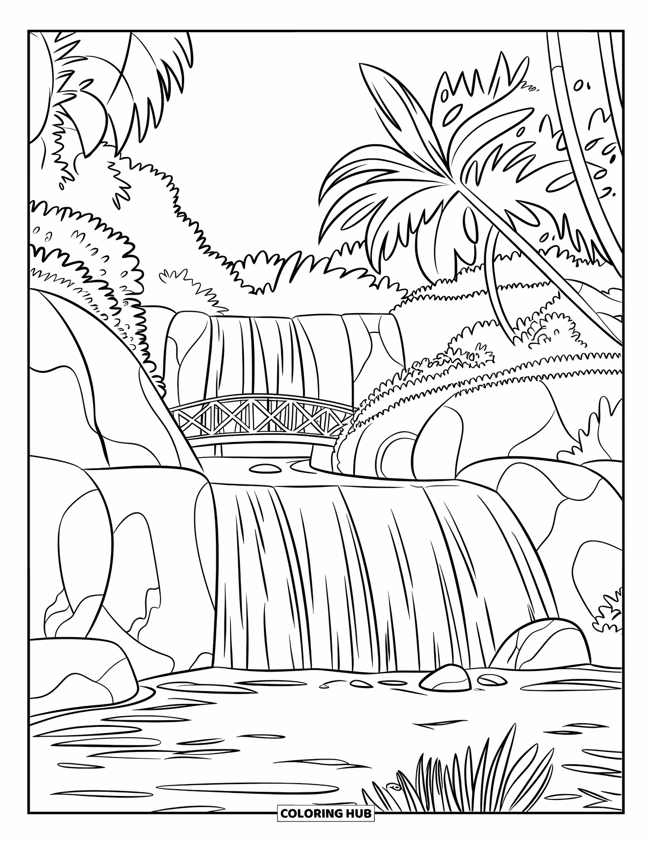 Vacation Coloring Page for Kids: A waterfall flows under a bridge surrounded by greenery and distant buildings