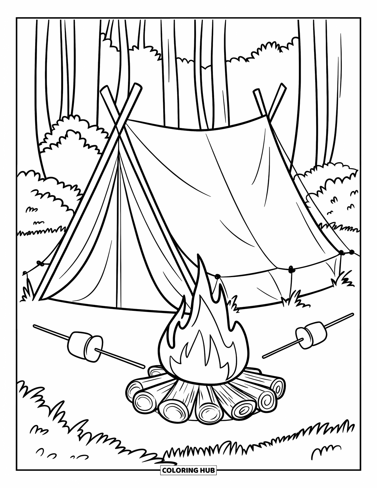Vacation Coloring Page for Kids: A wooden-frame tent sits by a fire surrounded by tall forest trees