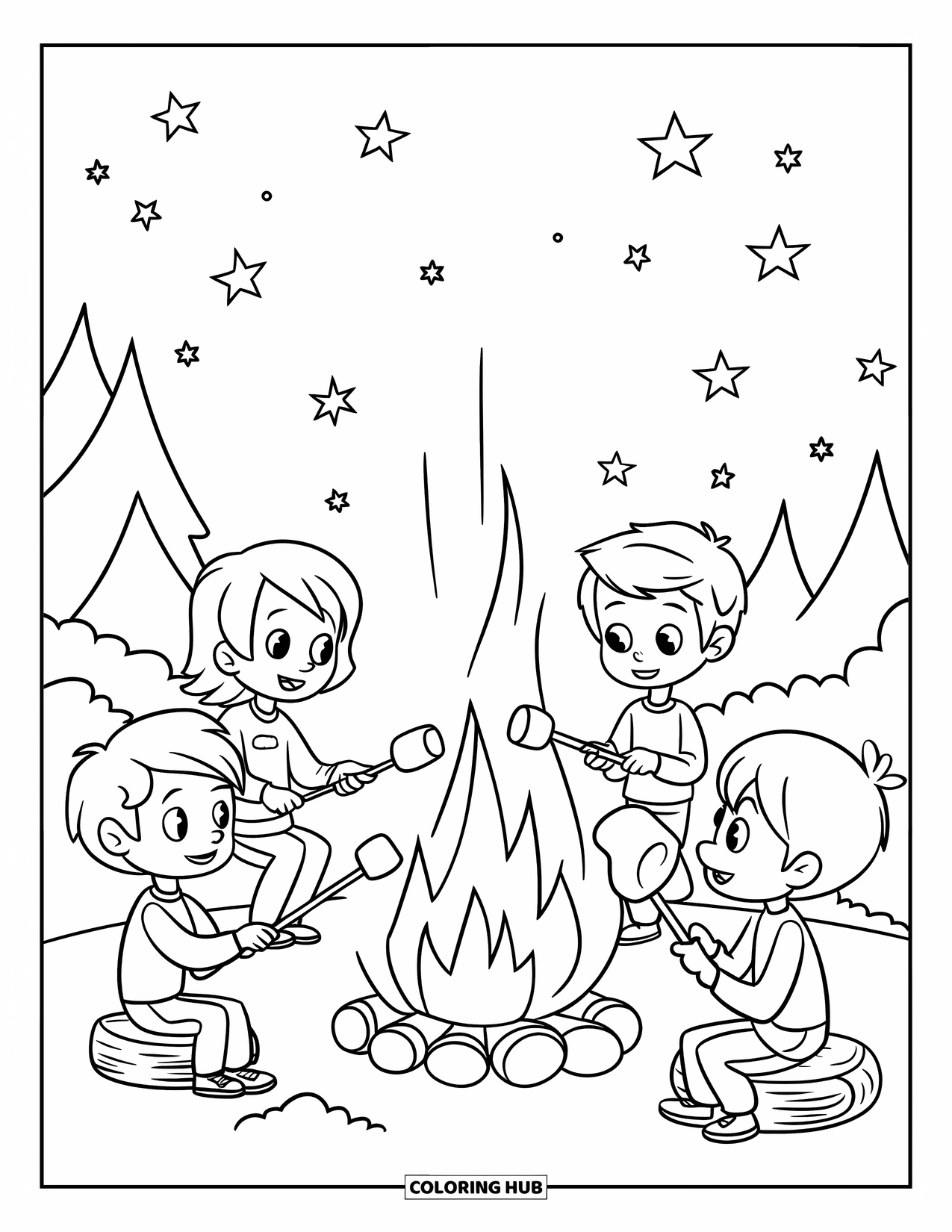 Vacation Coloring Page for Kids: Kids gather around a campfire roasting marshmallows under starry skies
