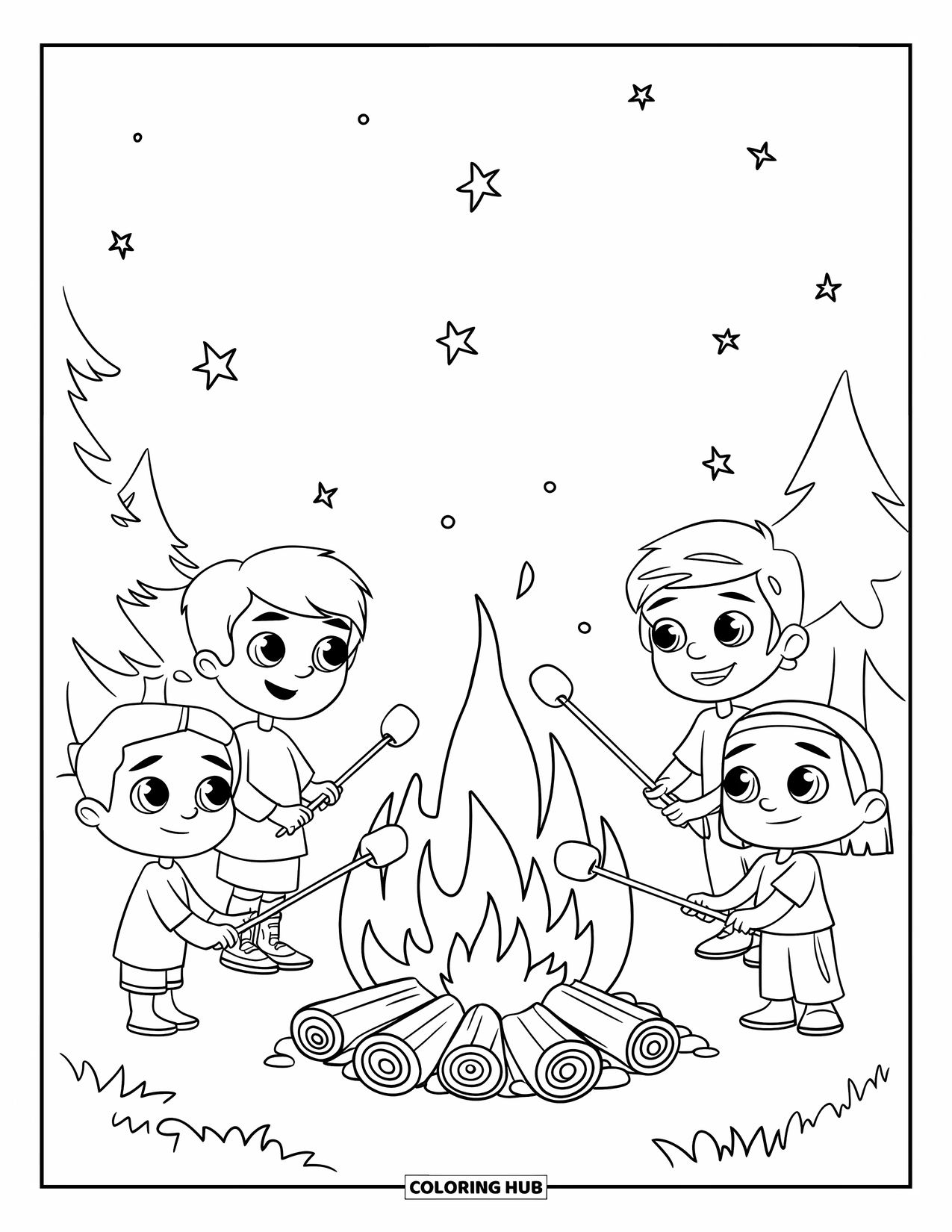 Vacation Coloring Page for Kids: Three kids toast marshmallows by a campfire under a starlit sky