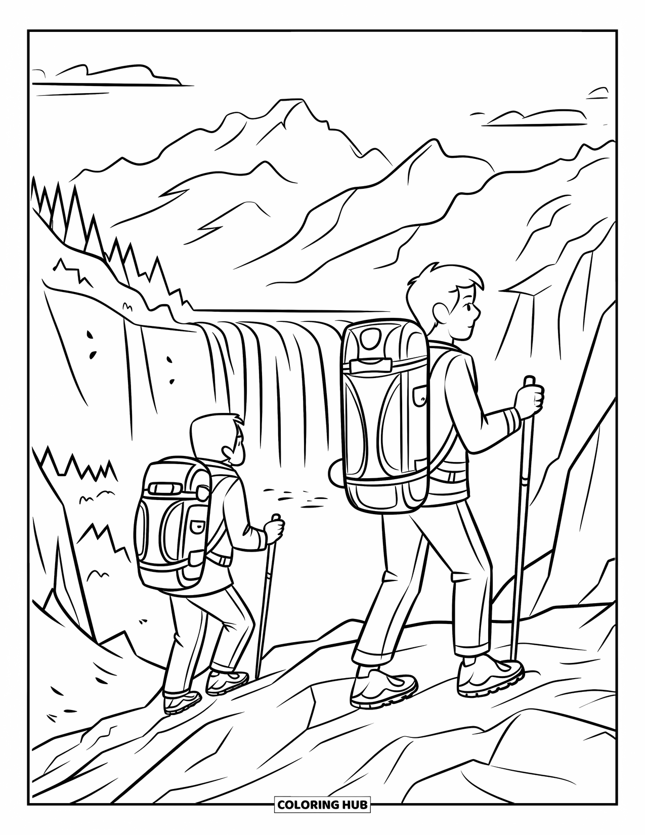 Vacation Coloring Page for Kids: Two backpackers hike rocky terrain with mountains and a waterfall behind them