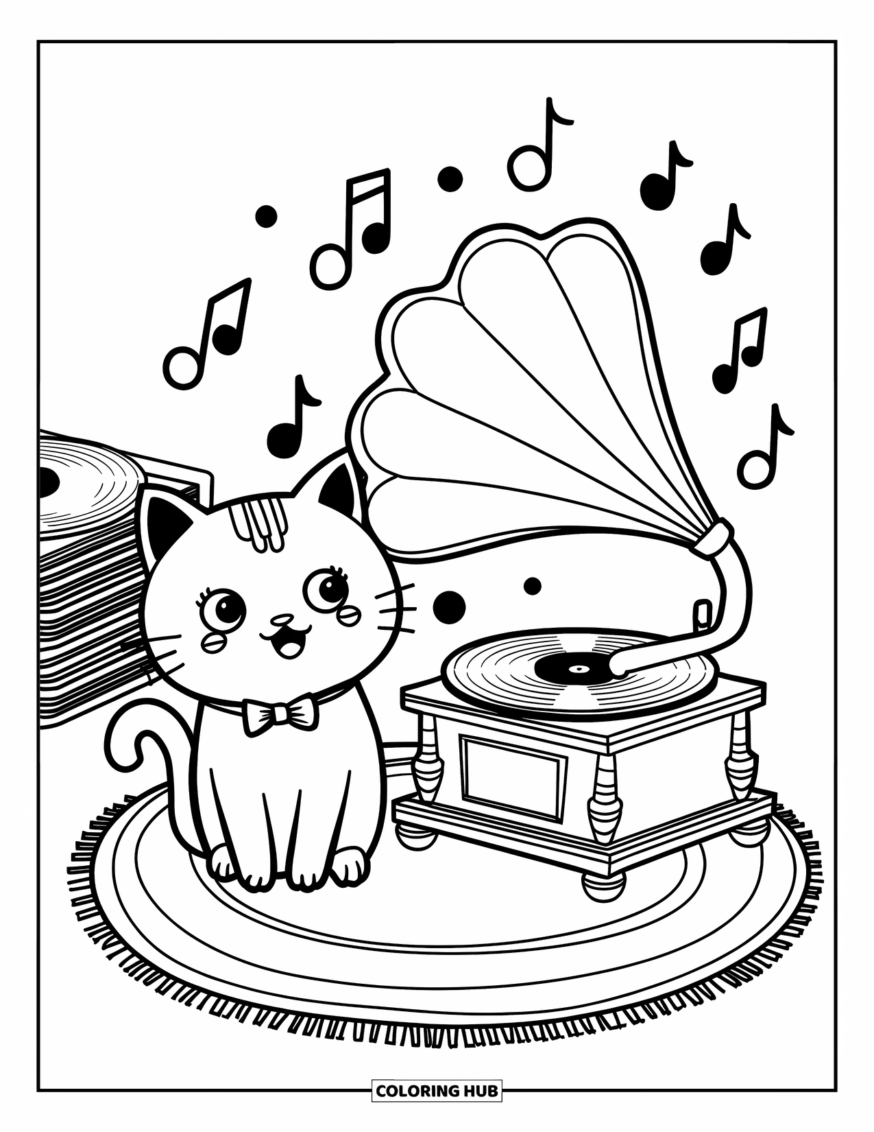 Vintage Coloring Page for Adults: A cat with a bow tie rests on a rug near a gramophone and records