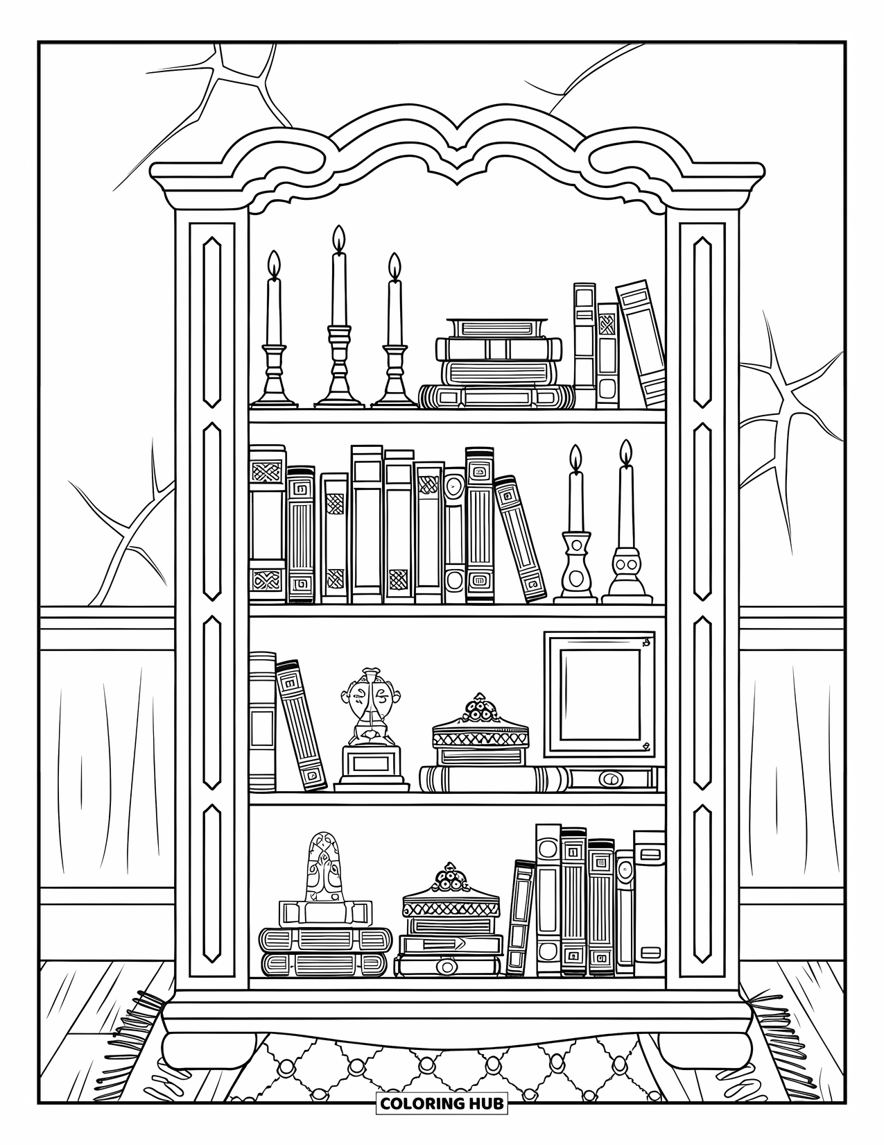 Vintage Coloring Page for Adults: A cozy bookshelf with books, candles, and a rug beneath it