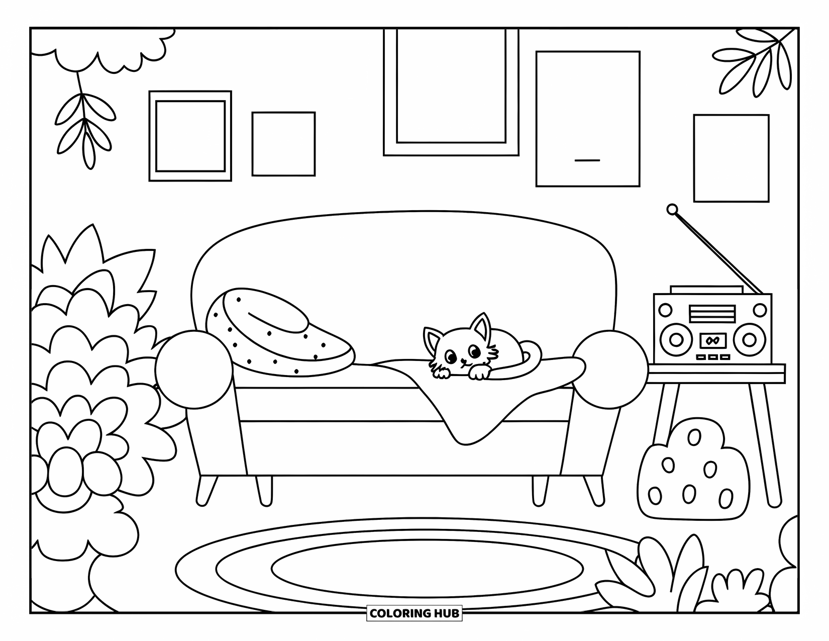 Vintage Coloring Page for Adults: A cozy room with a sofa, coffee table, and a kitten on a blanket